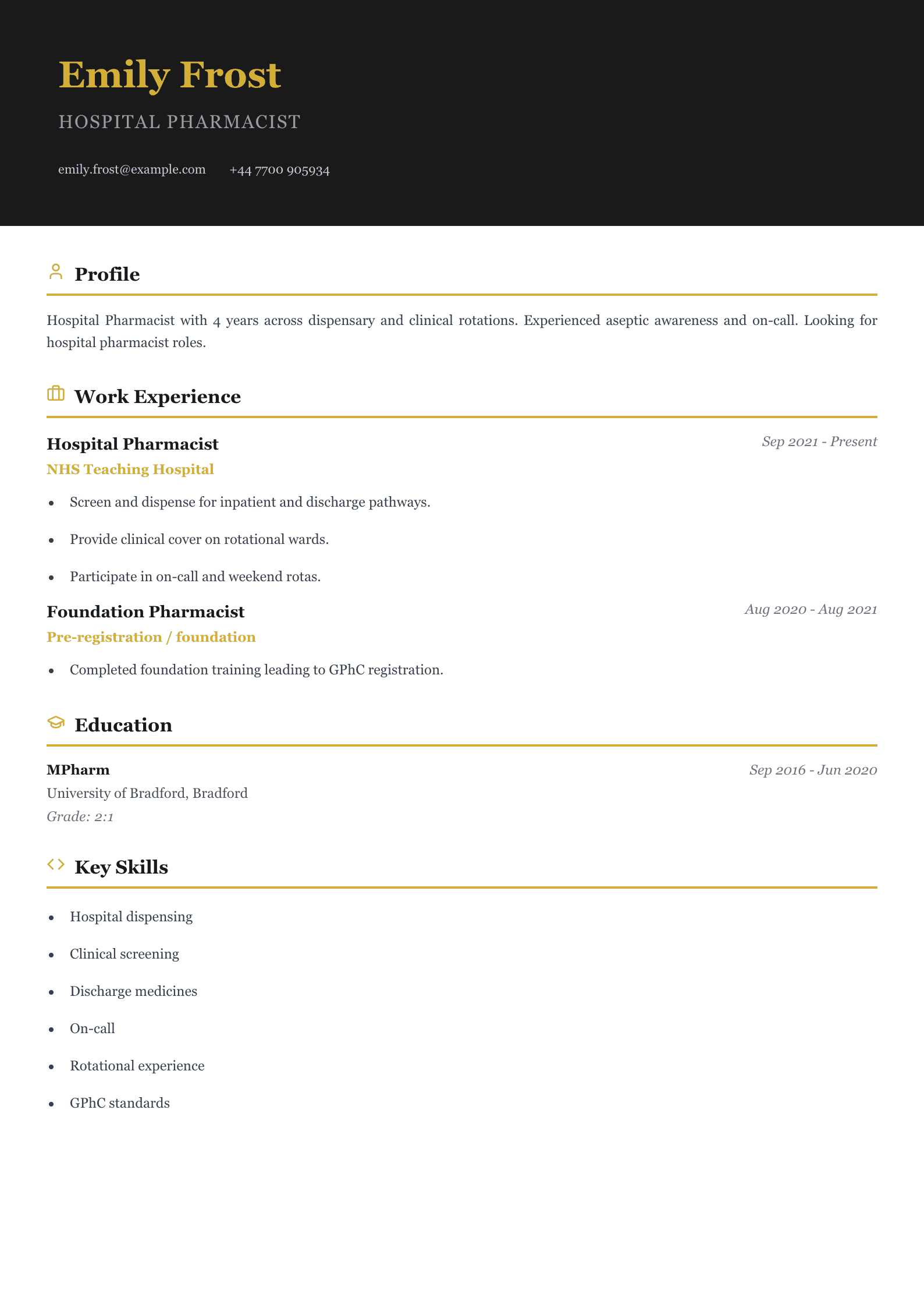 acute hospital pharmacist cv template