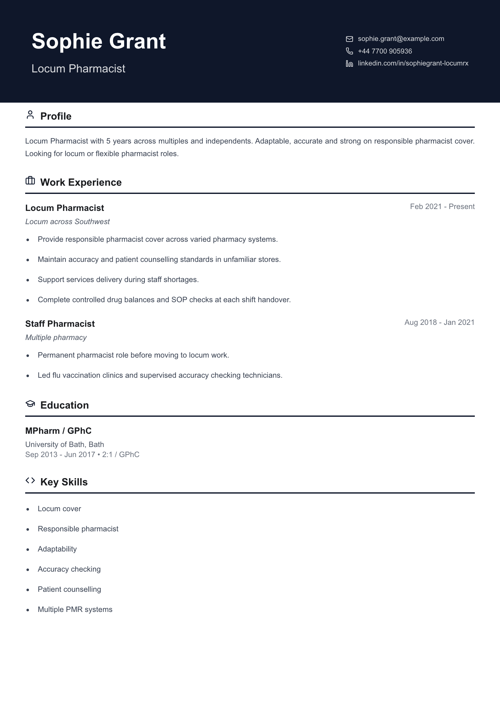 flexible locum pharmacist cv template