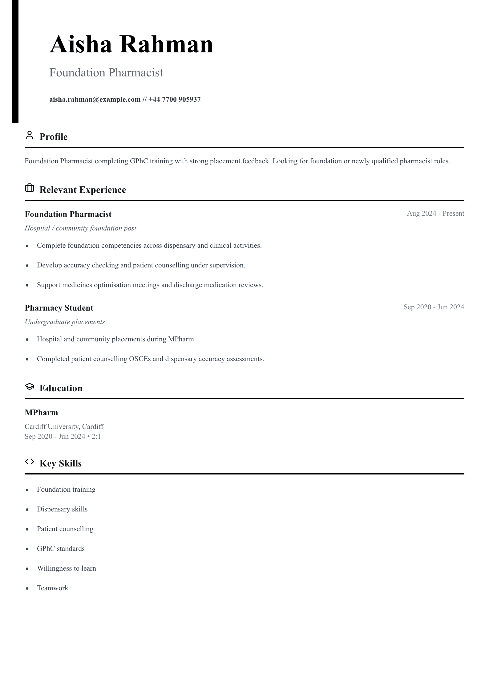 foundation pharmacist cv template