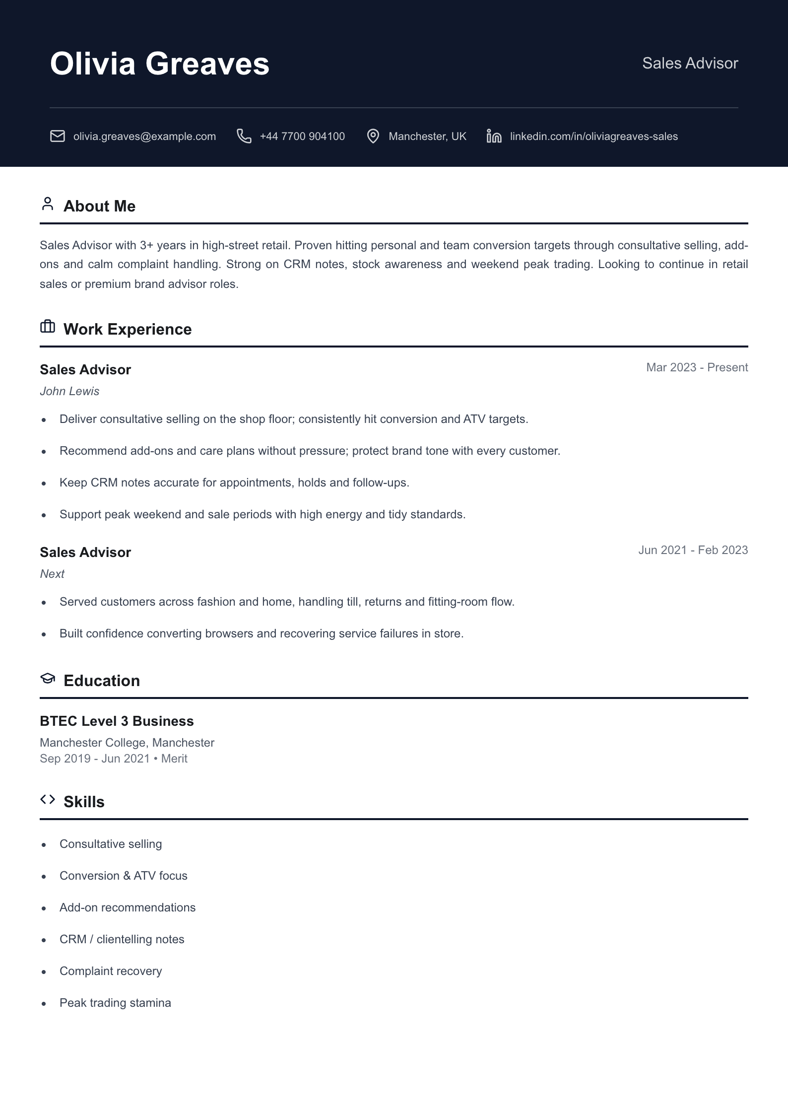 Retail sales advisor CV template