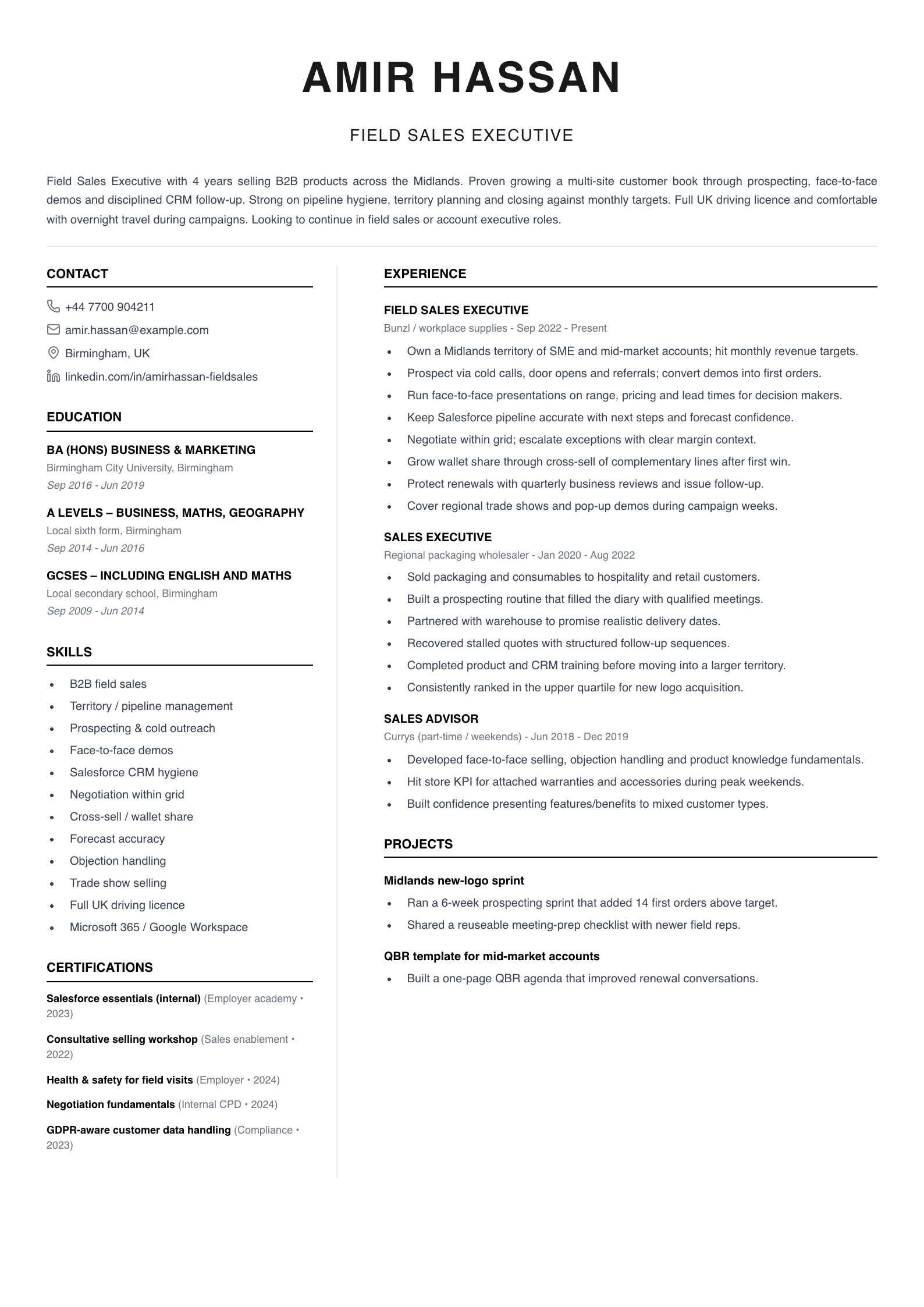 field sales executive cv template