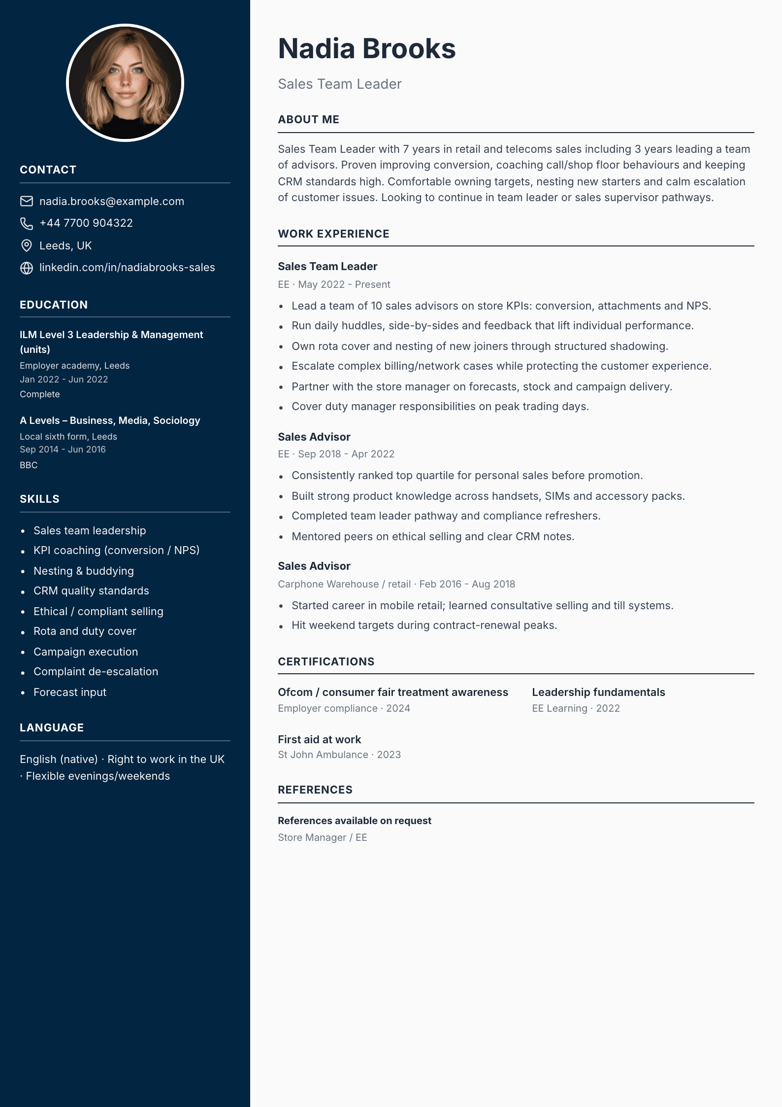 Sales team leader CV template