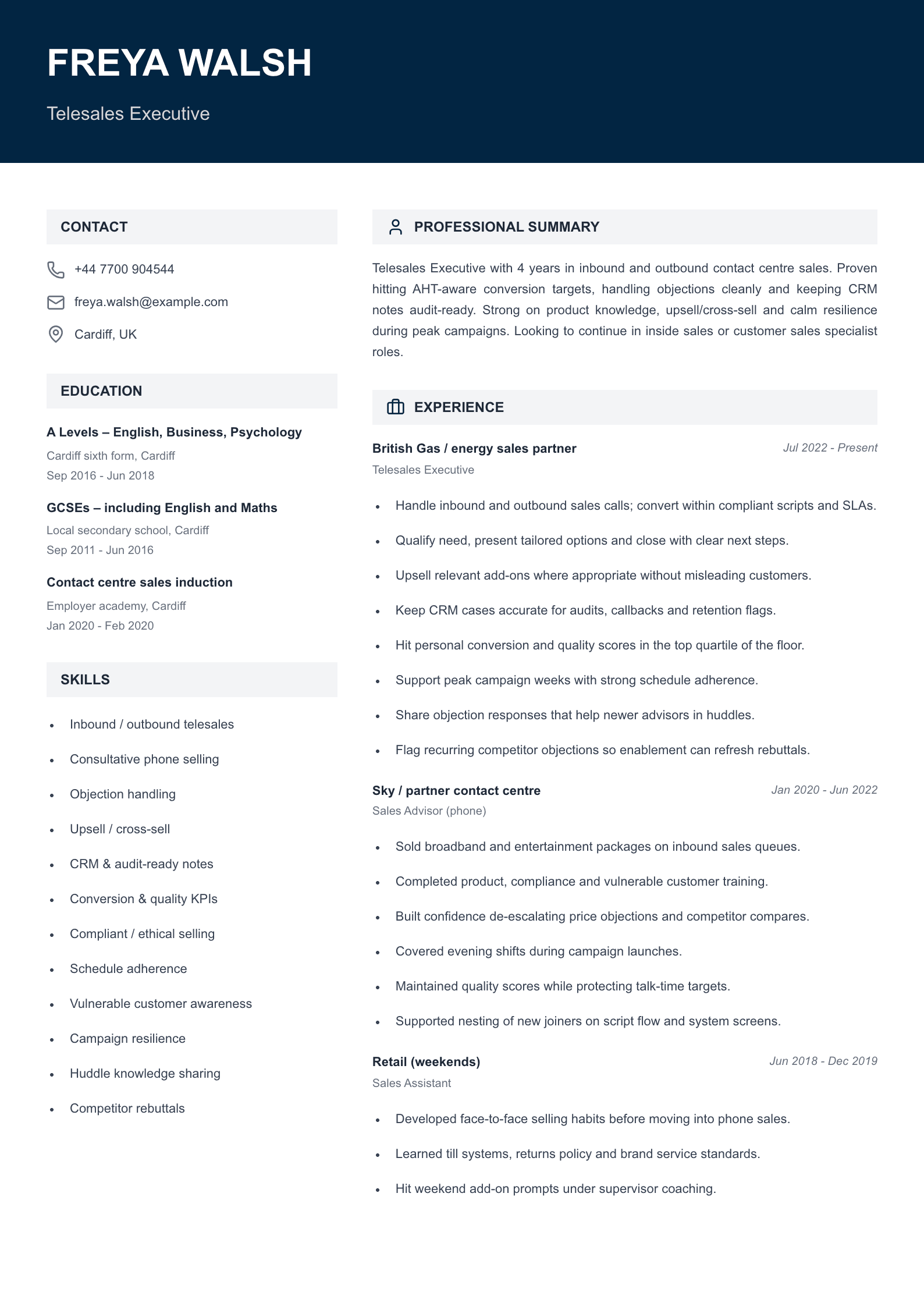 Telesales executive CV template