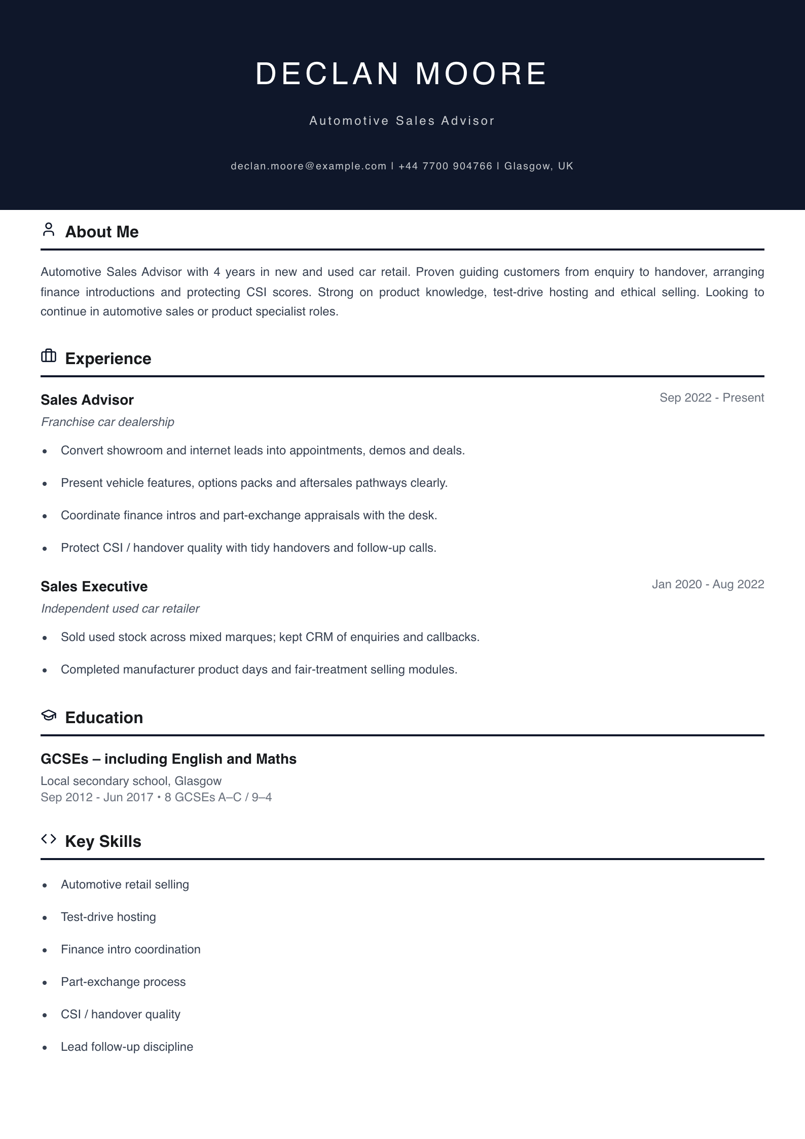 automotive sales advisor cv template