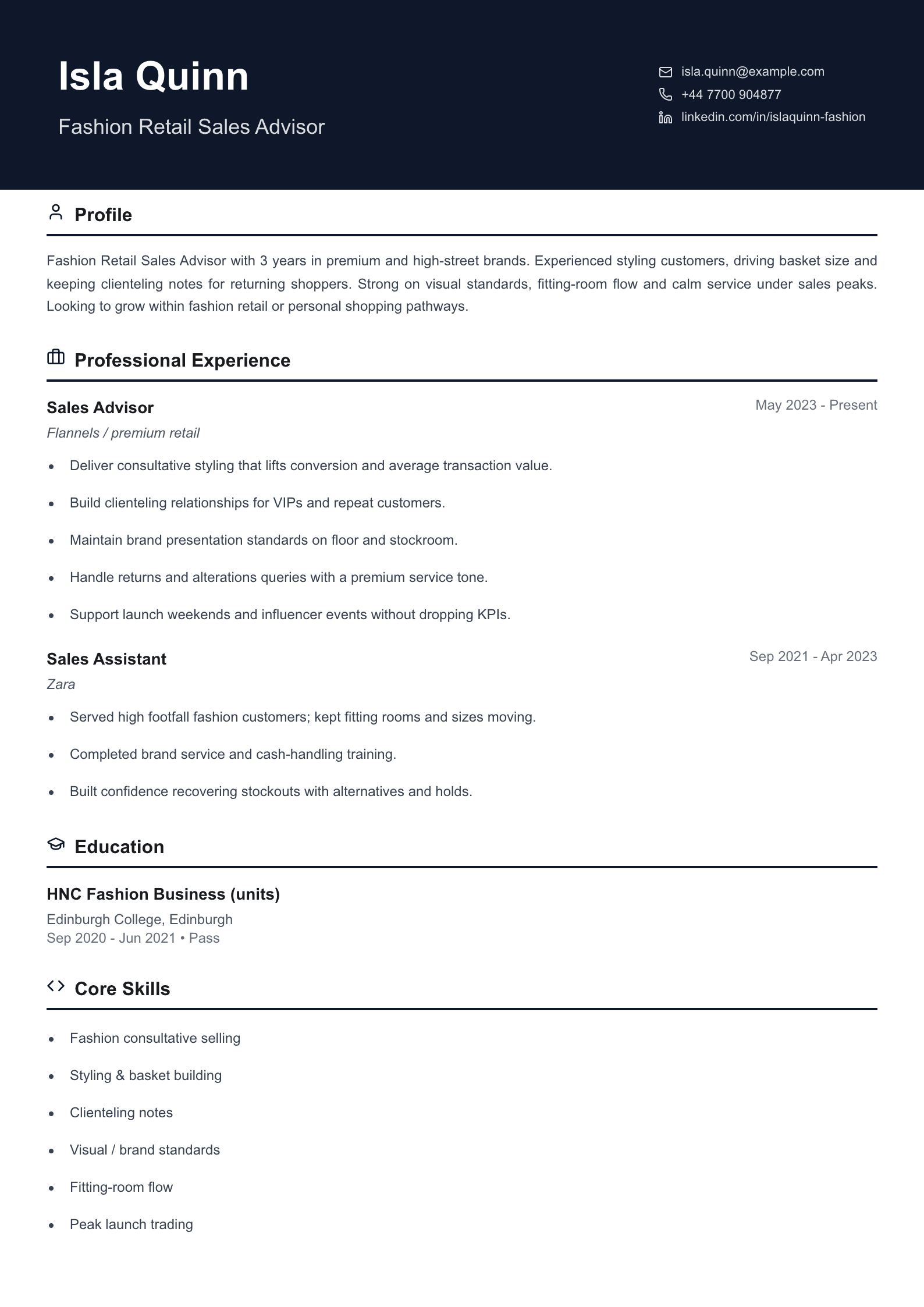 fashion retail sales advisor cv template