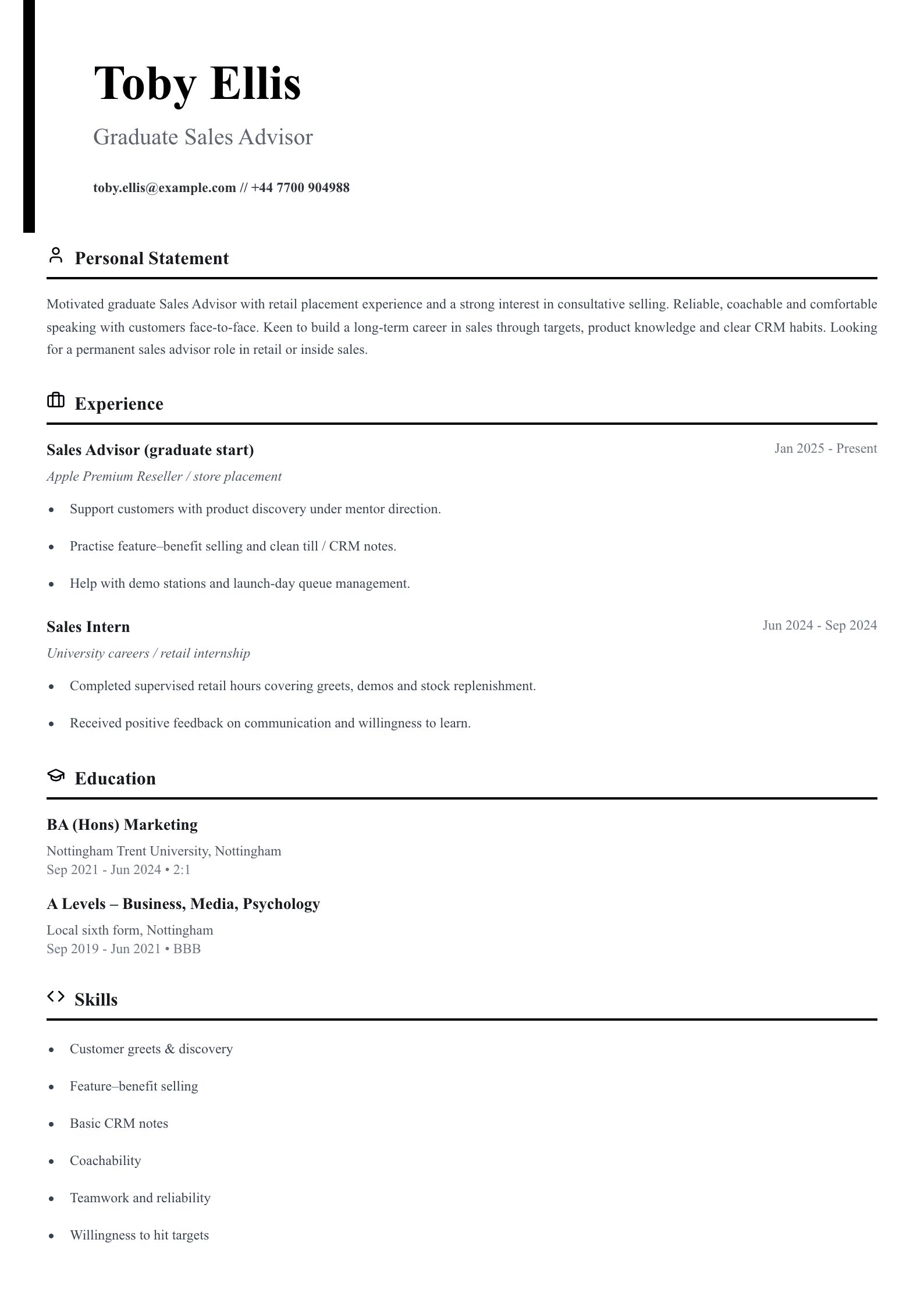 graduate sales advisor cv template