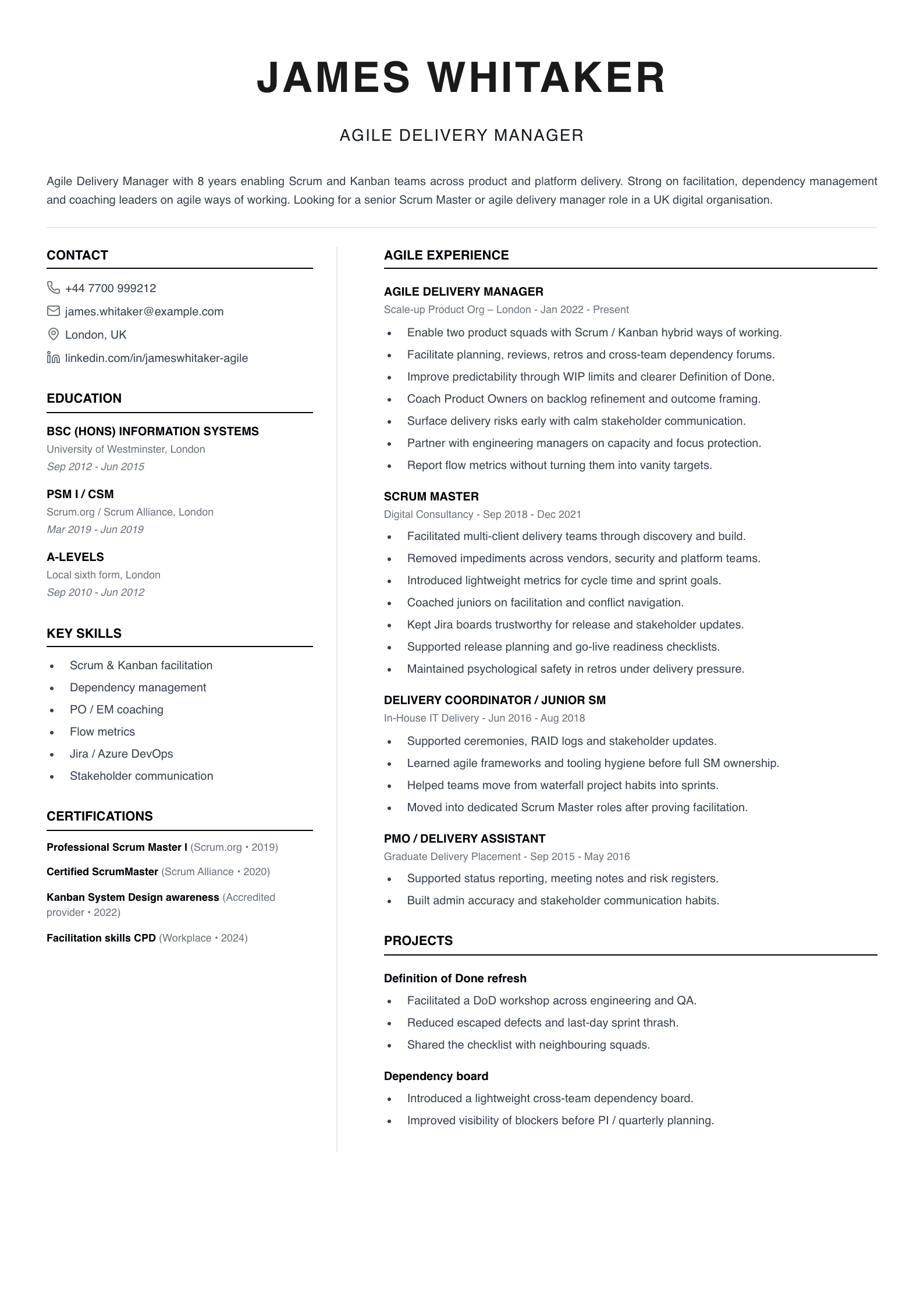 agile delivery manager CV template