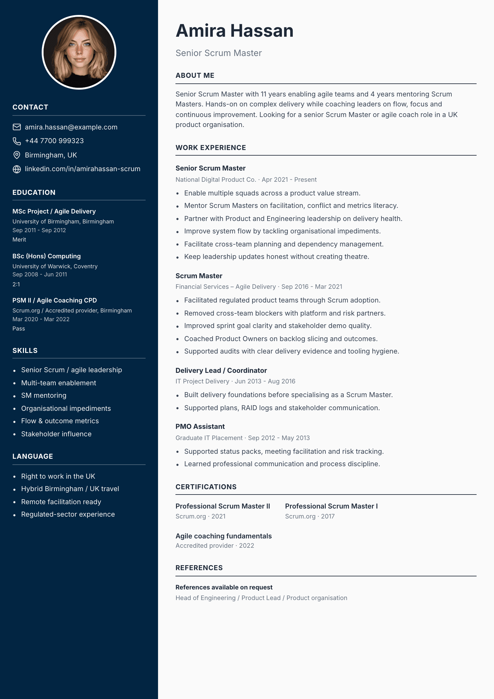 Senior scrum master CV template
