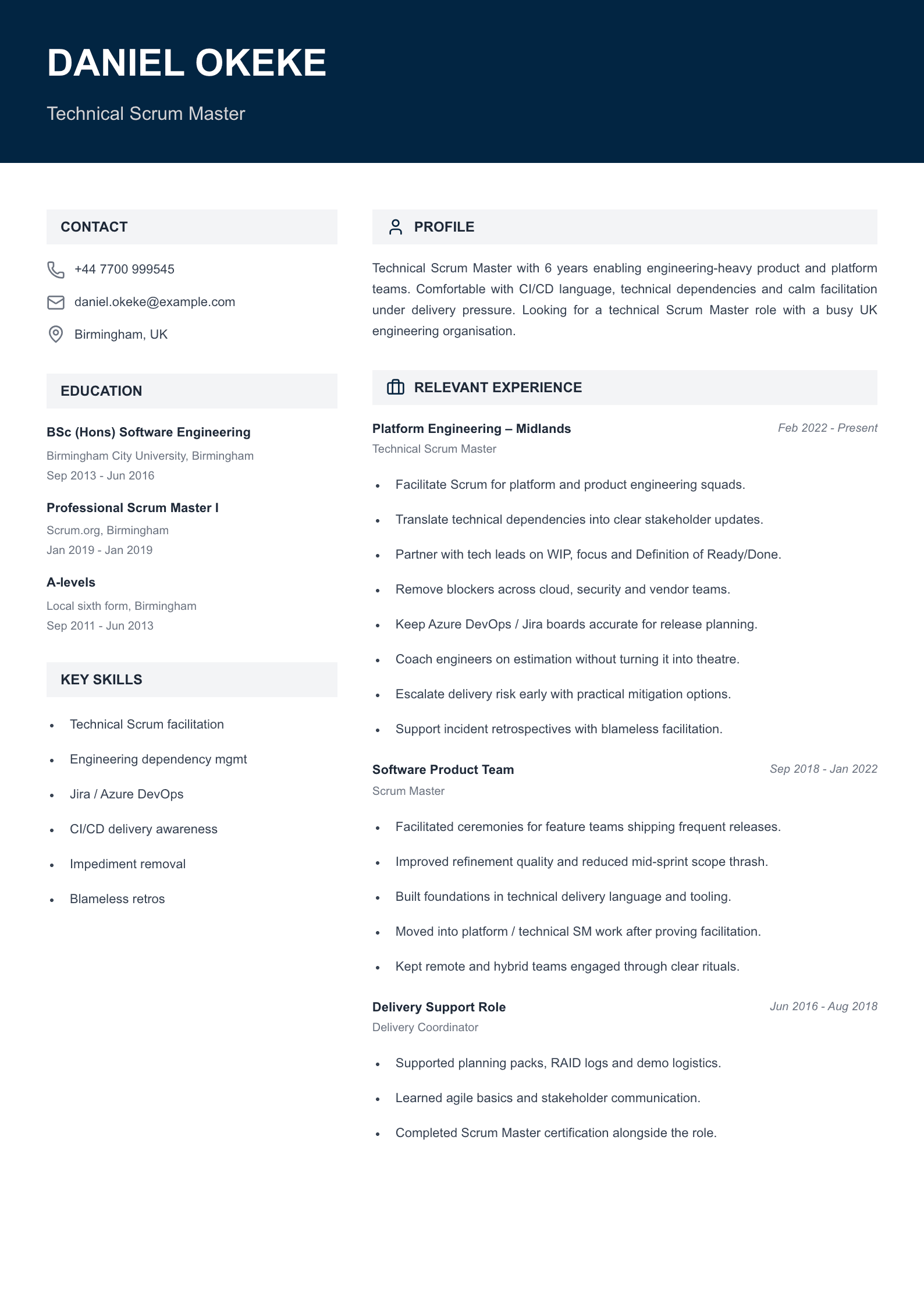 technical scrum master CV template