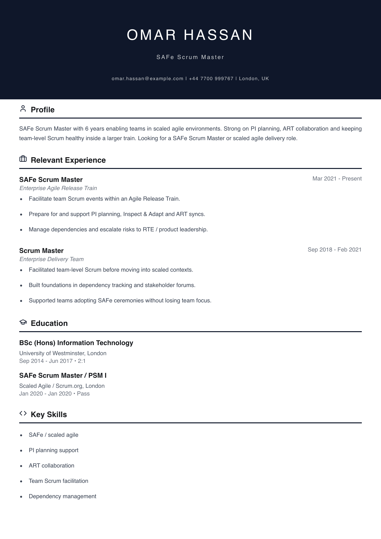 SAFe scrum master CV template