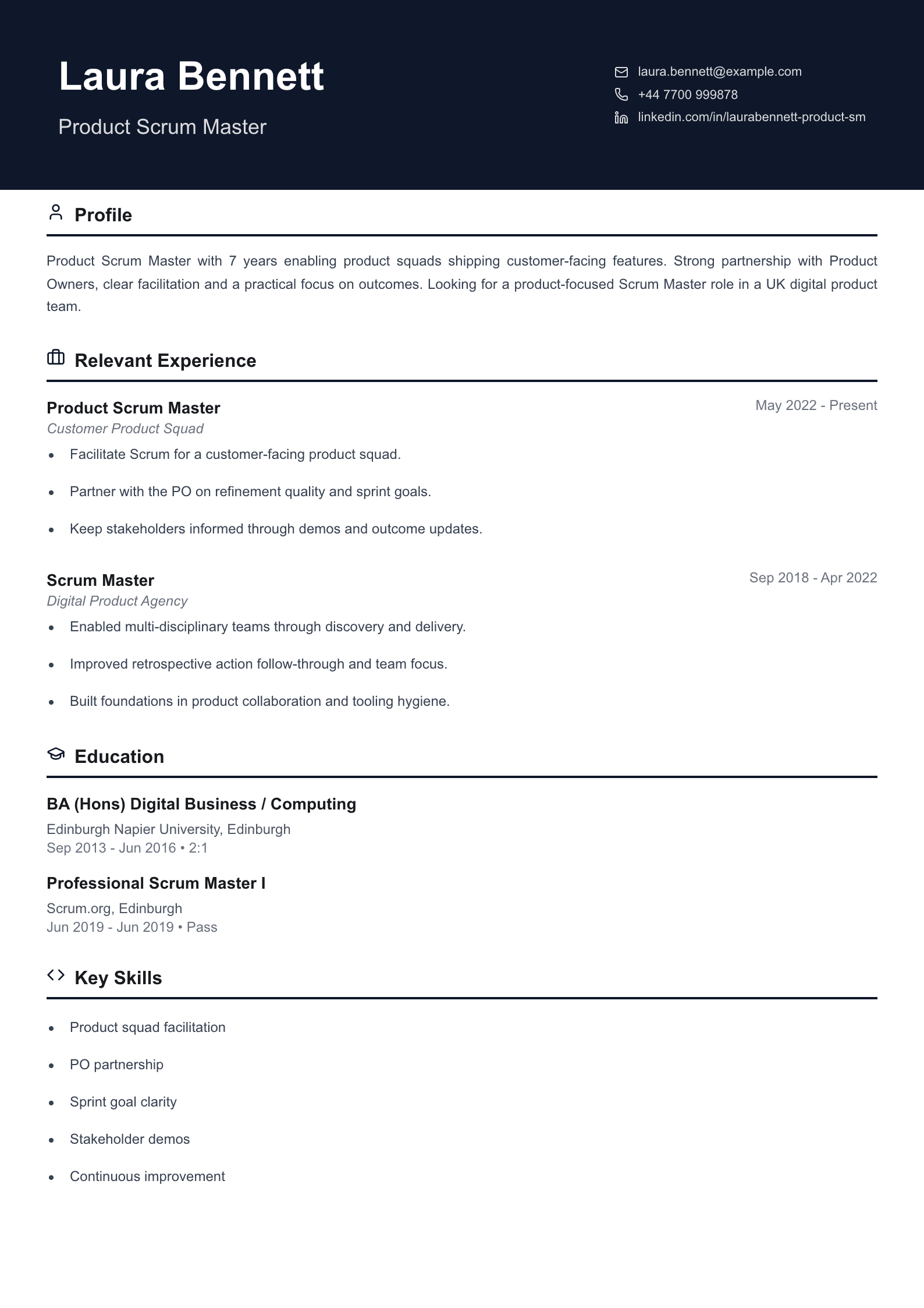product scrum master CV template