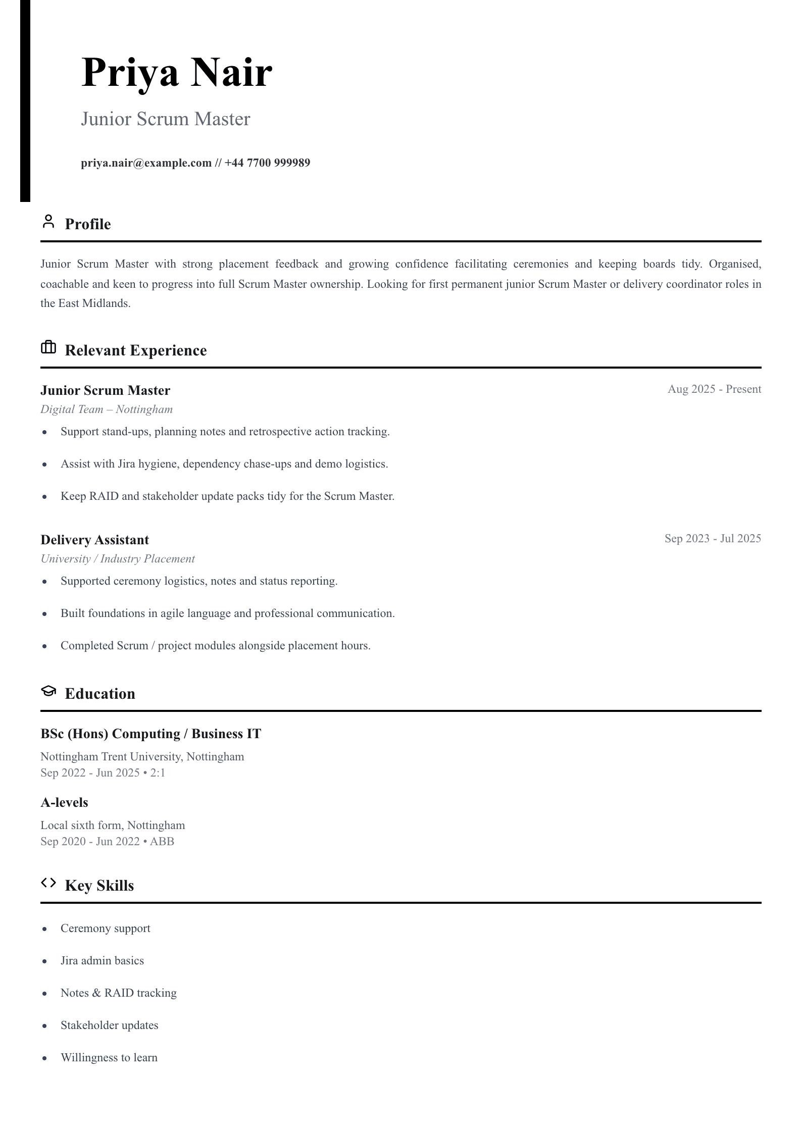 junior scrum master CV template
