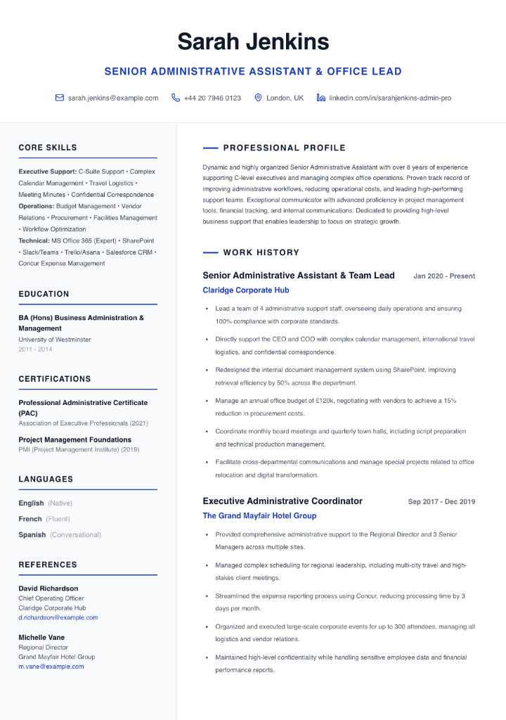 administrative assistant cv template
