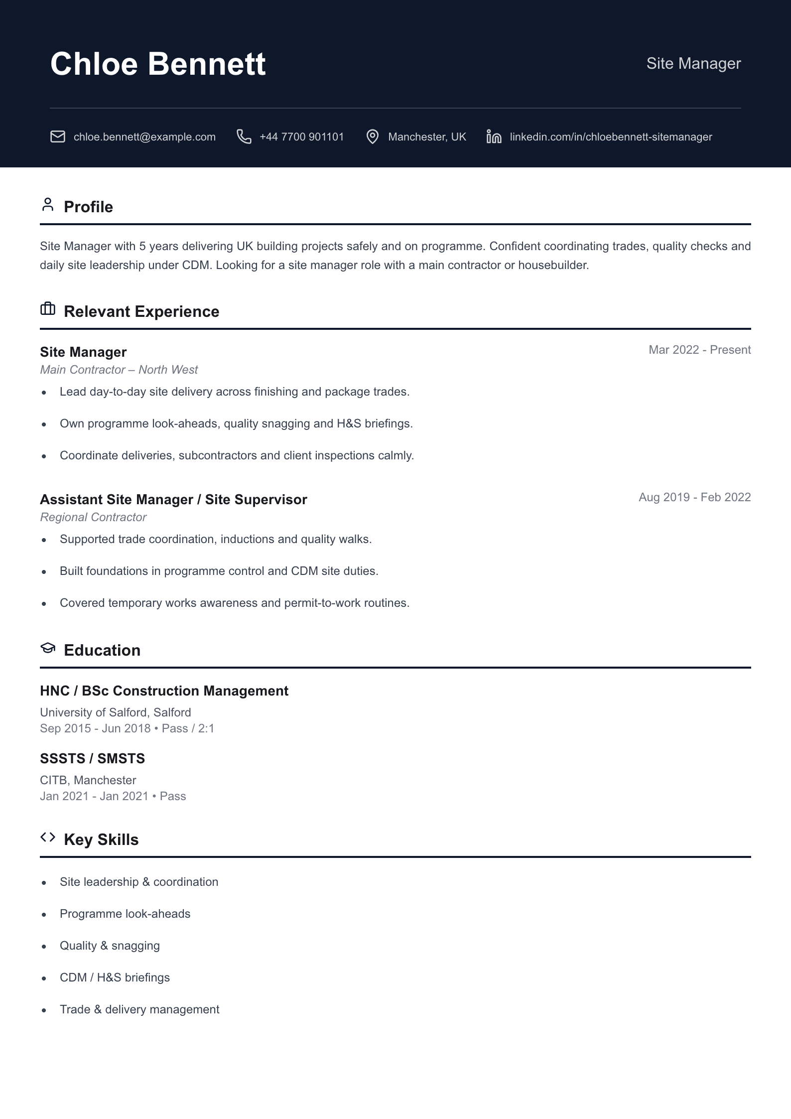 Site manager CV template