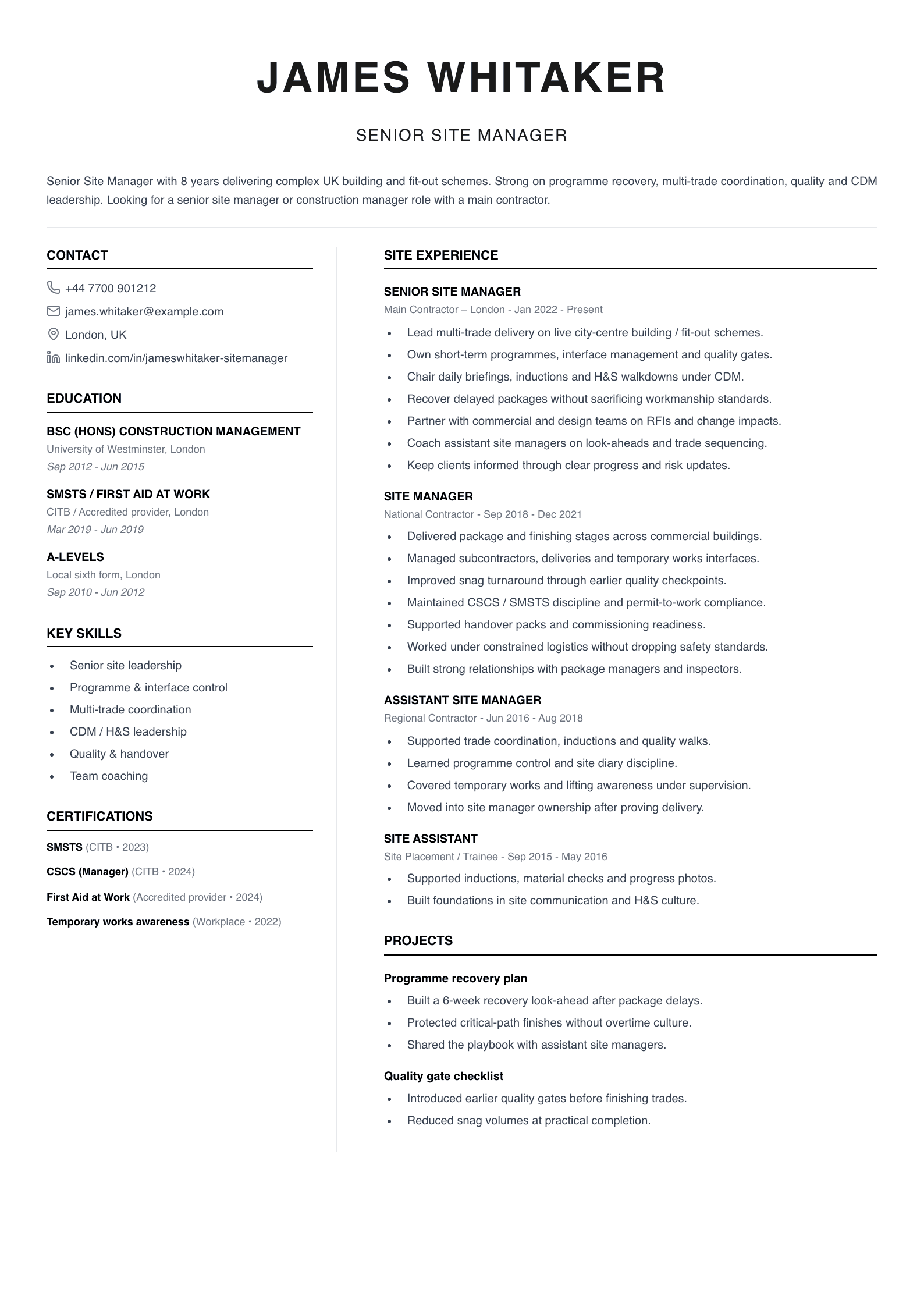senior site manager CV template