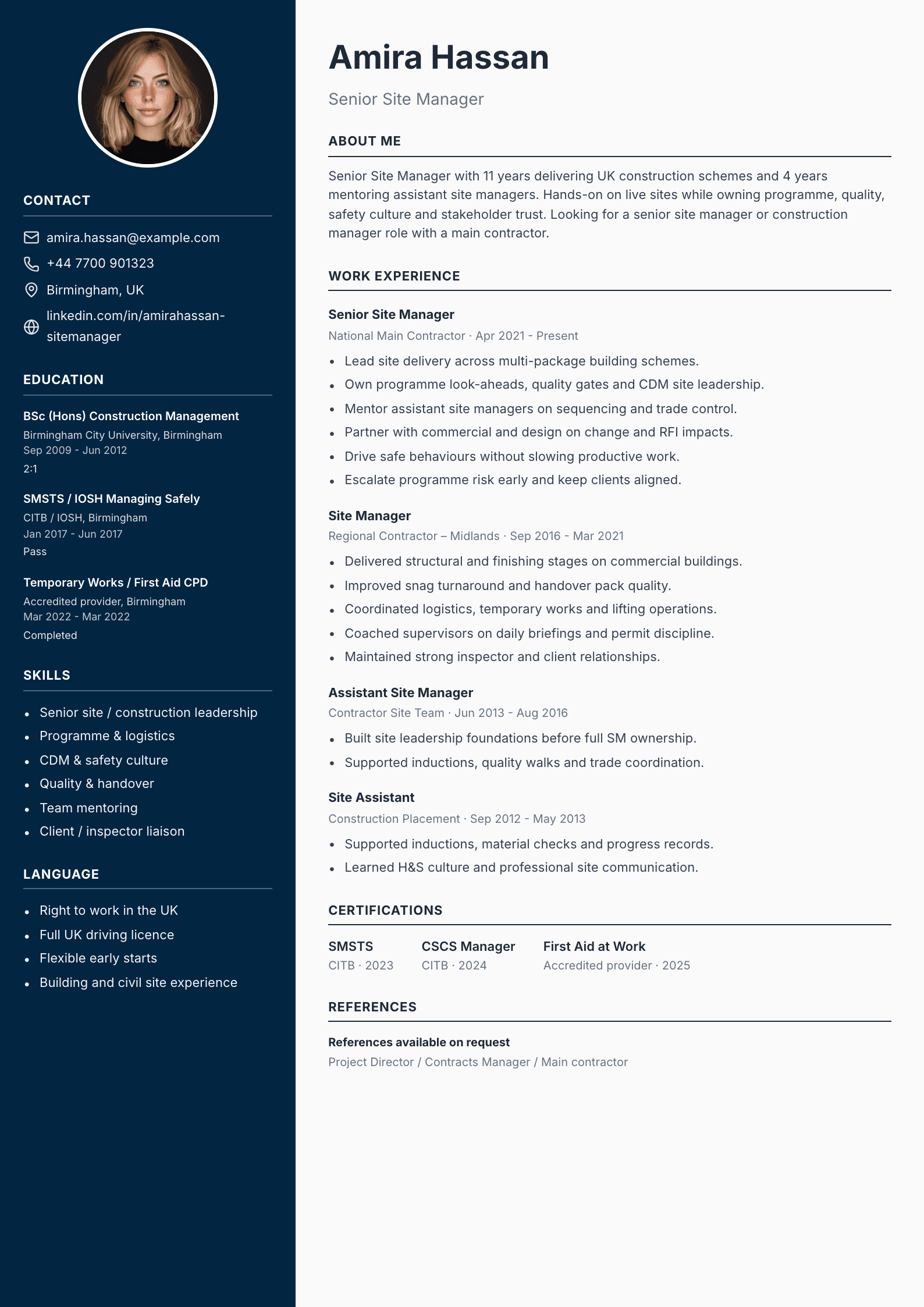 Senior site manager CV template
