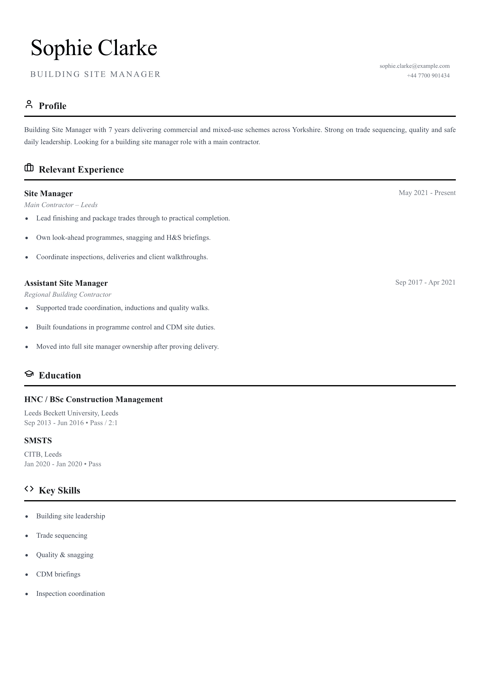 Building site manager CV template