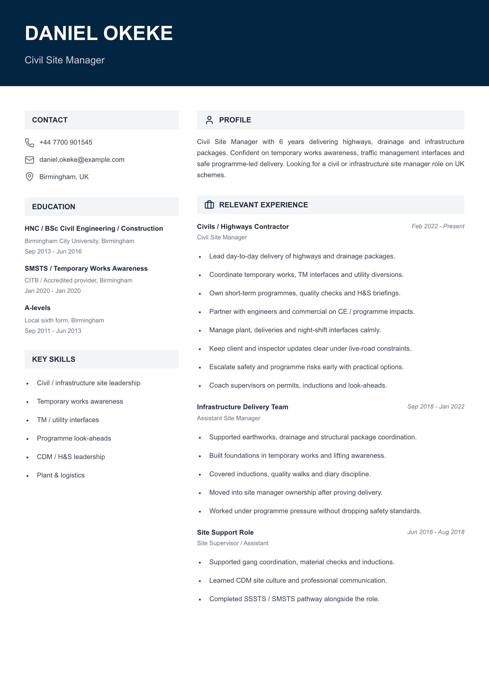 civil site manager CV template