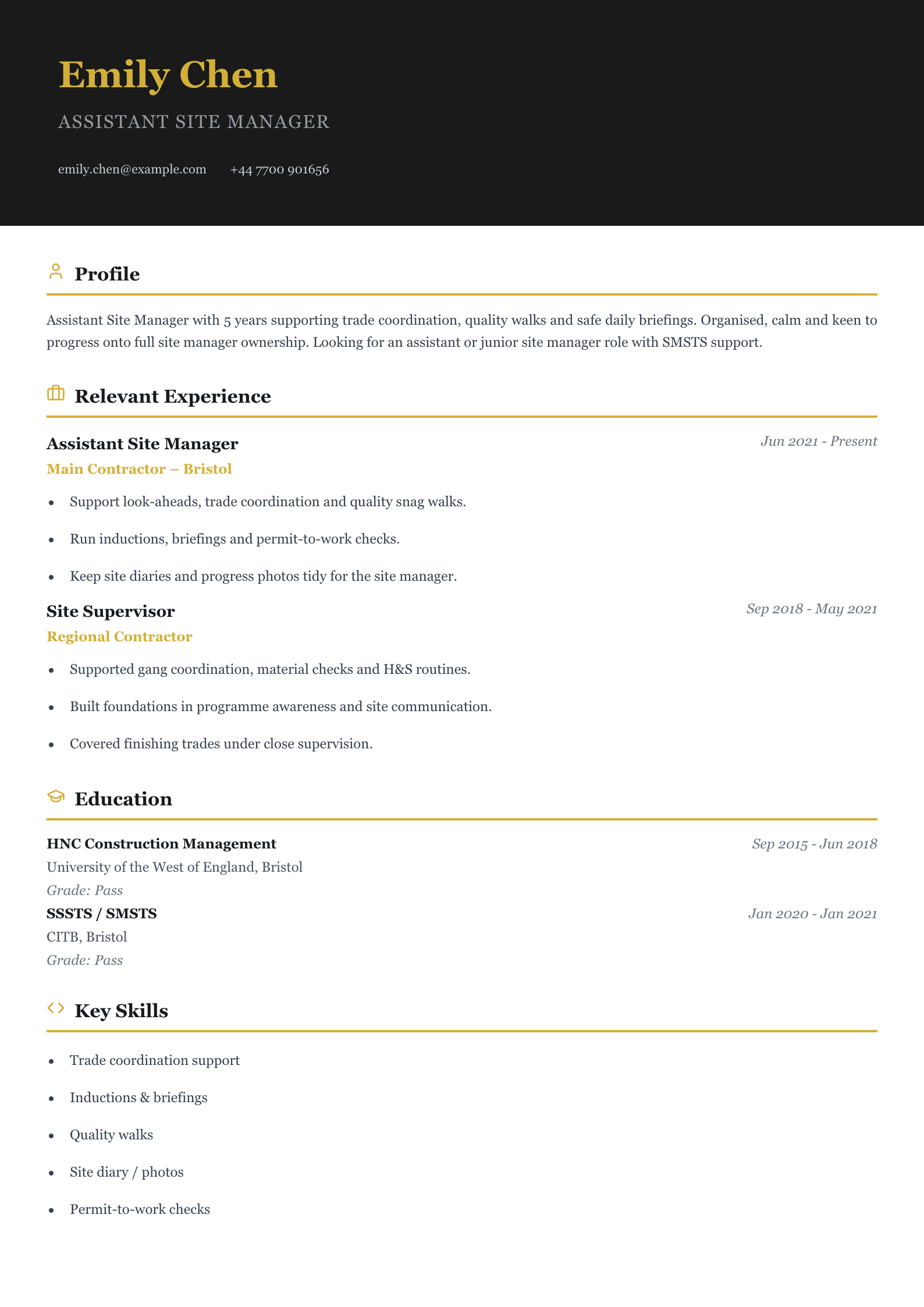 assistant site manager CV template
