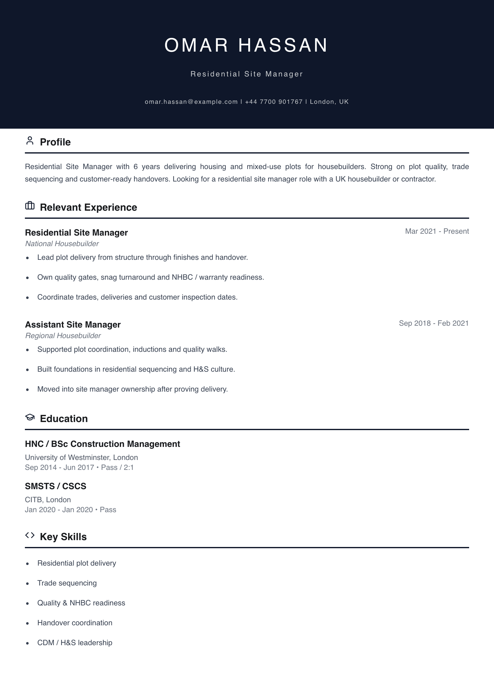 residential site manager CV template