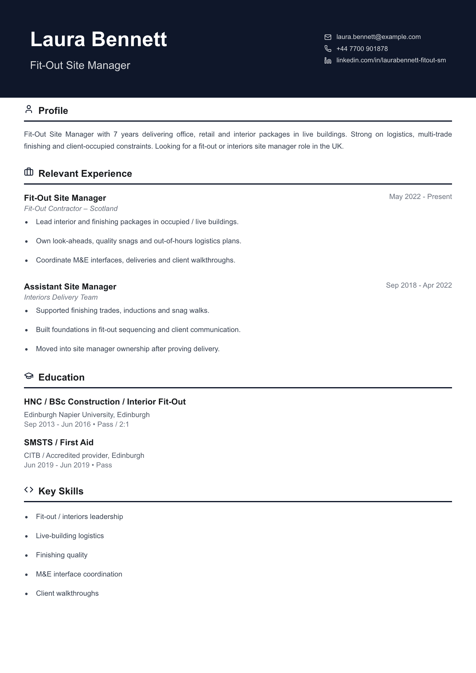 fit-out site manager CV template