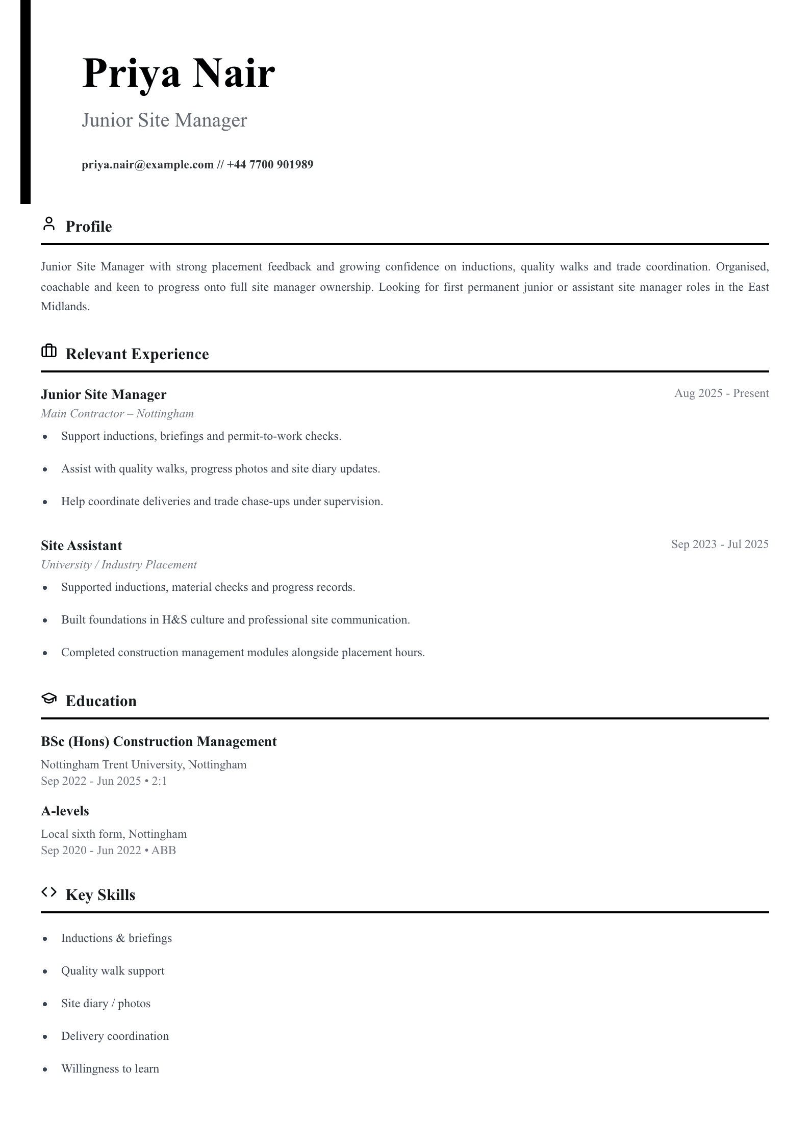 junior site manager CV template