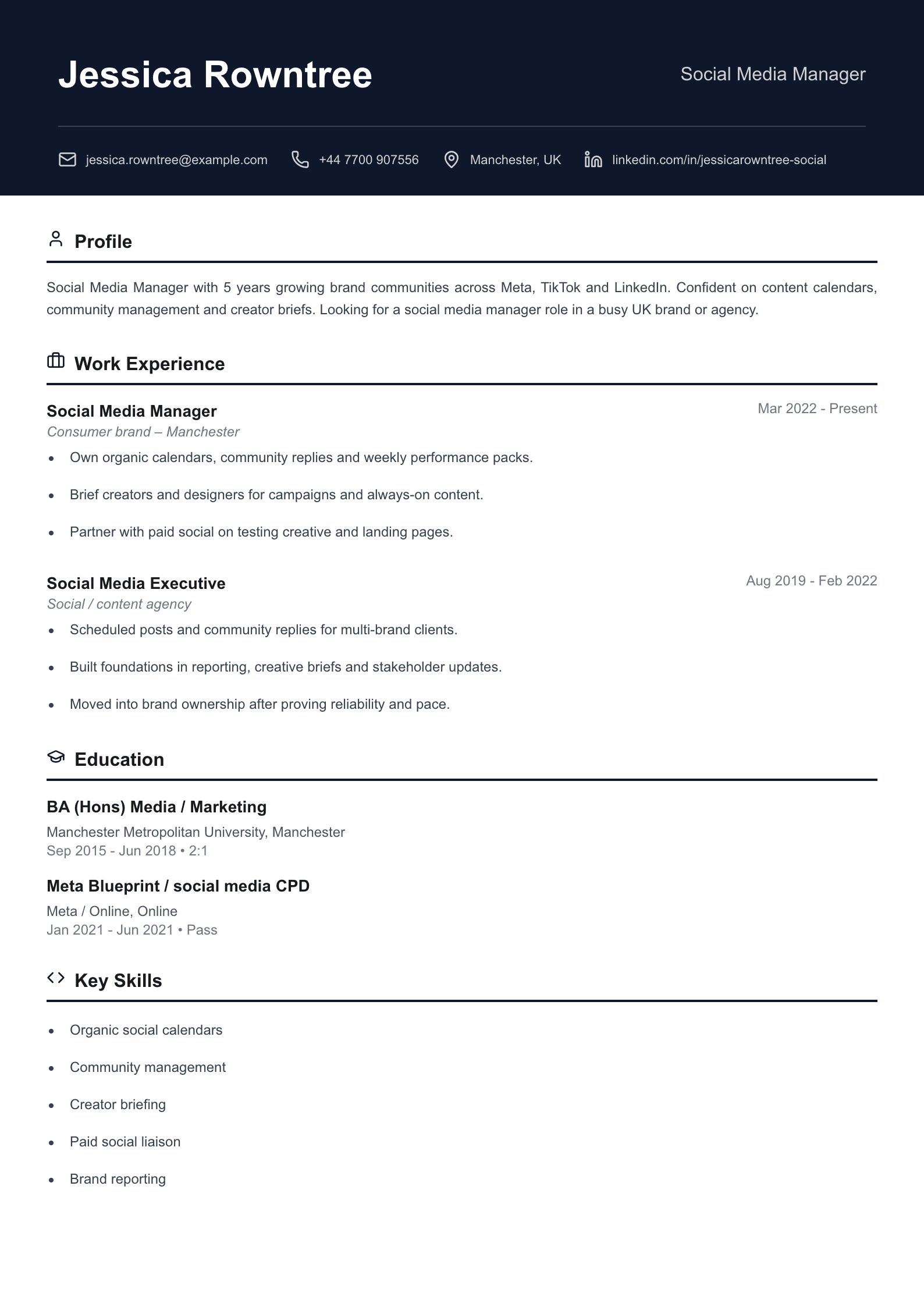 Social media manager CV template