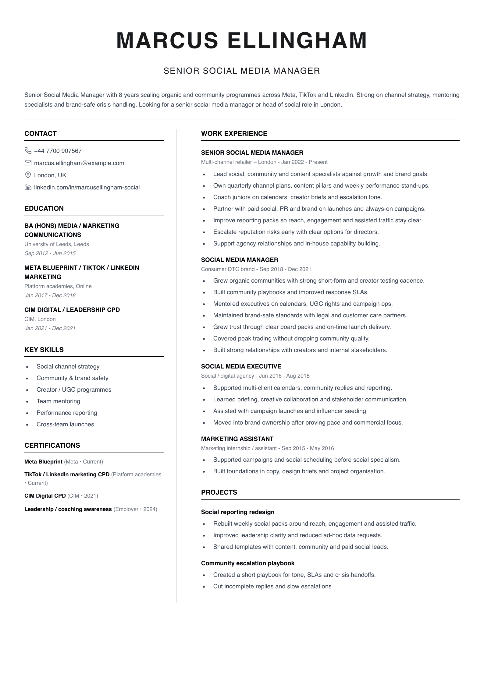 senior social media manager CV template