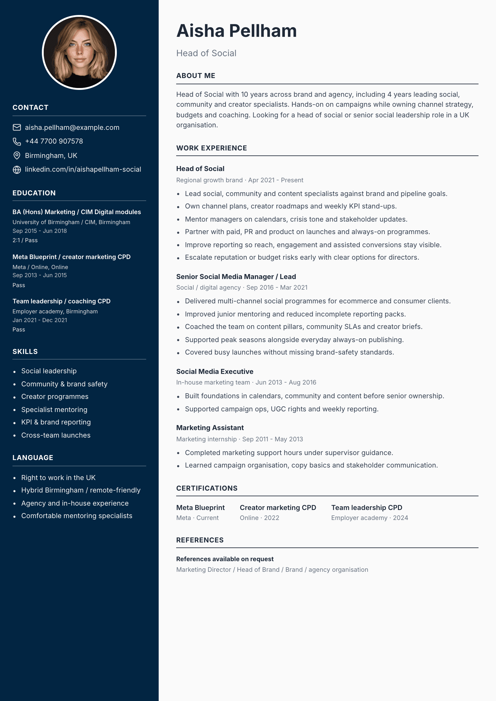 Head of social CV template