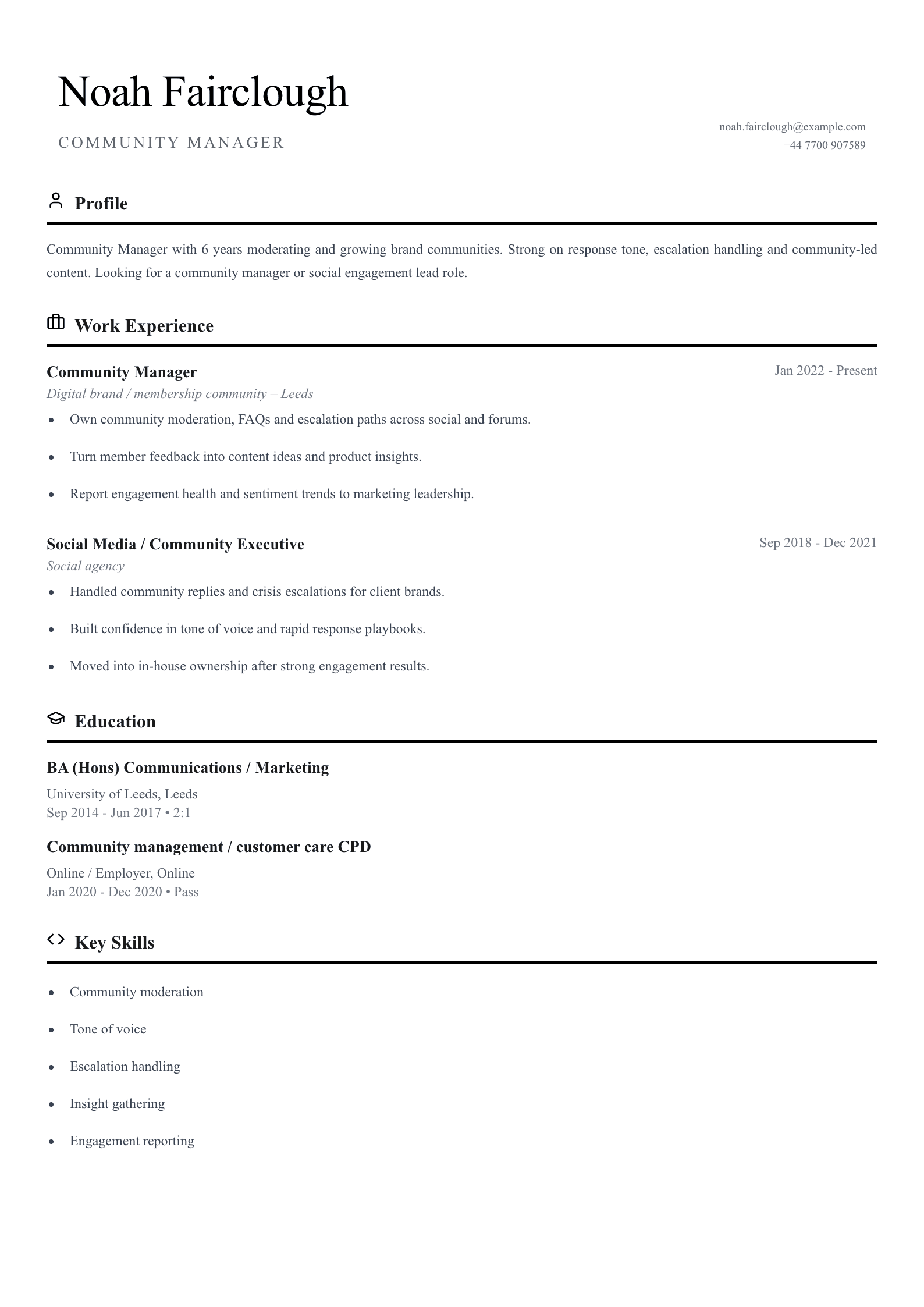 Community manager CV template