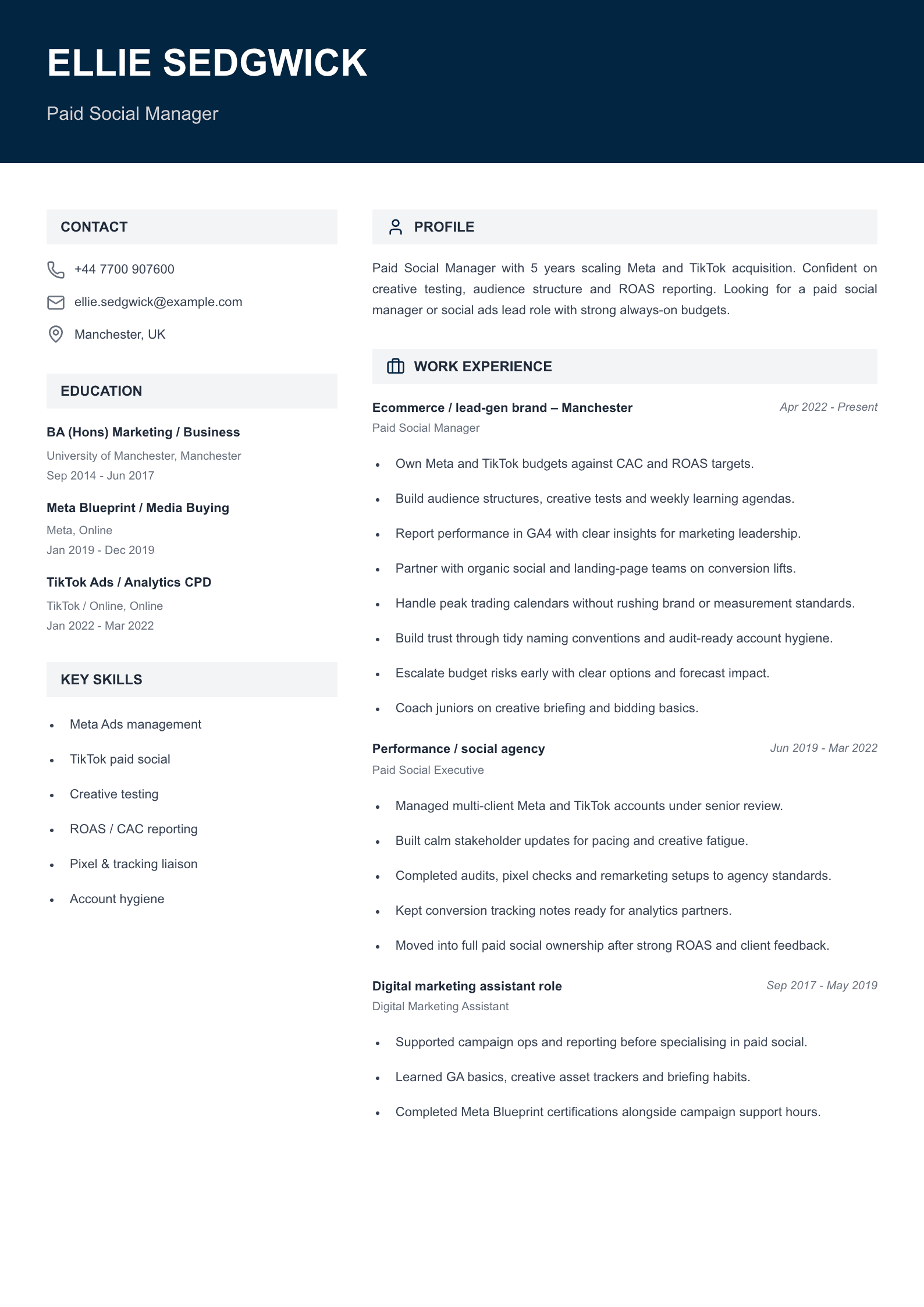 paid social manager CV template