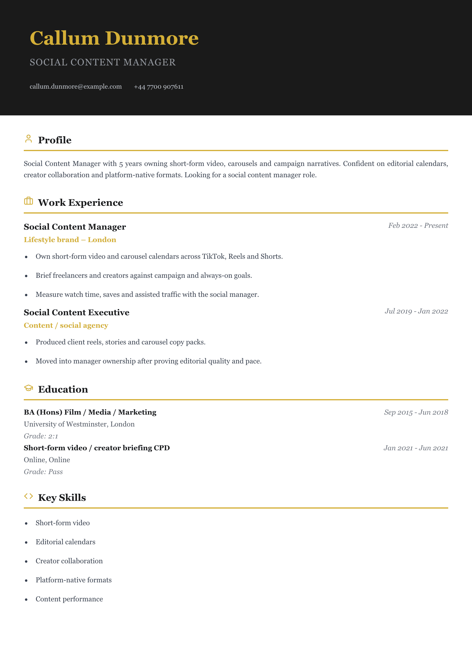 social content manager CV template