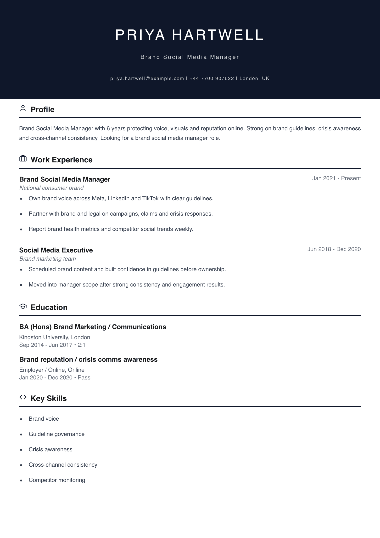 brand social media manager CV template