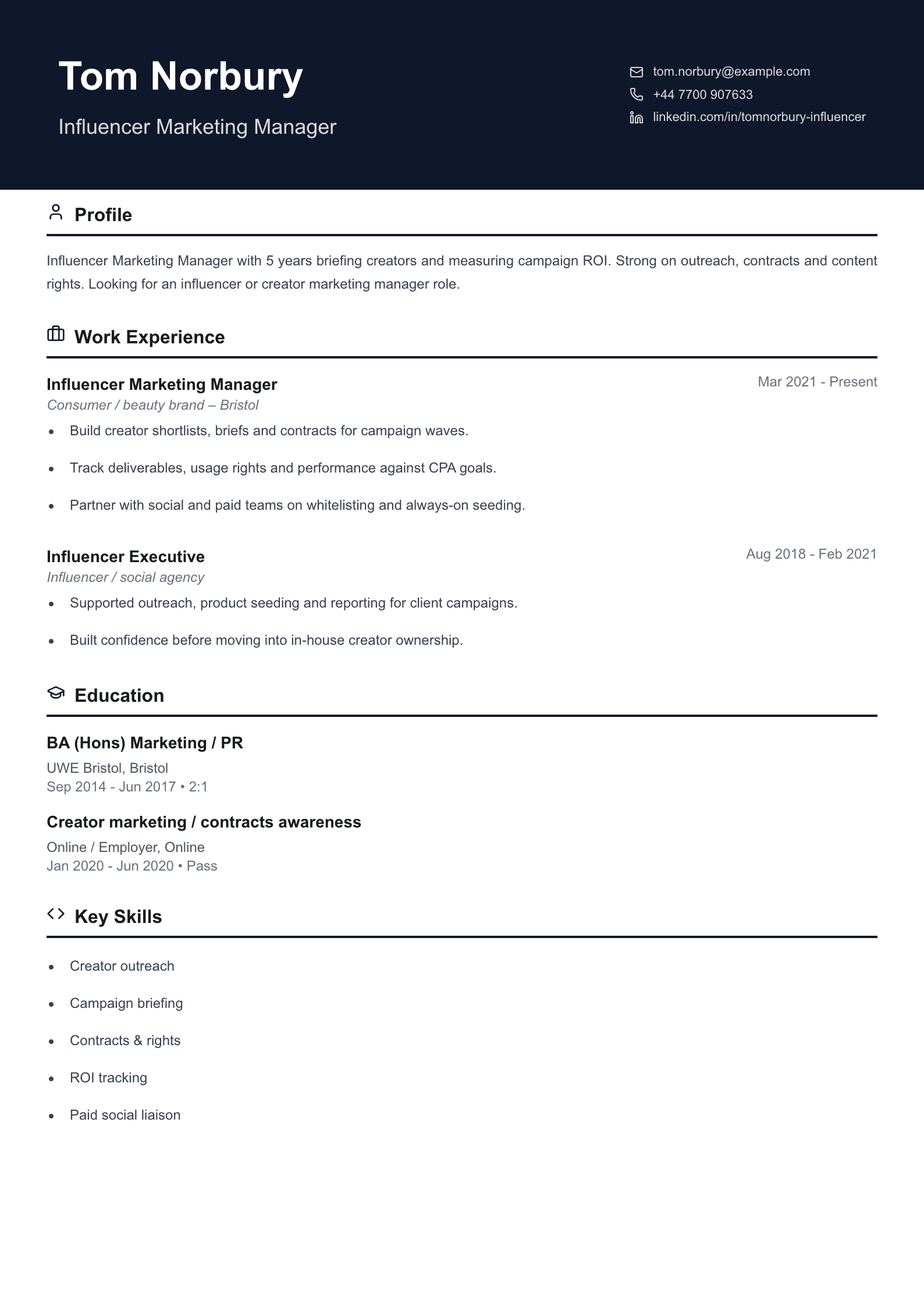 influencer marketing manager CV template