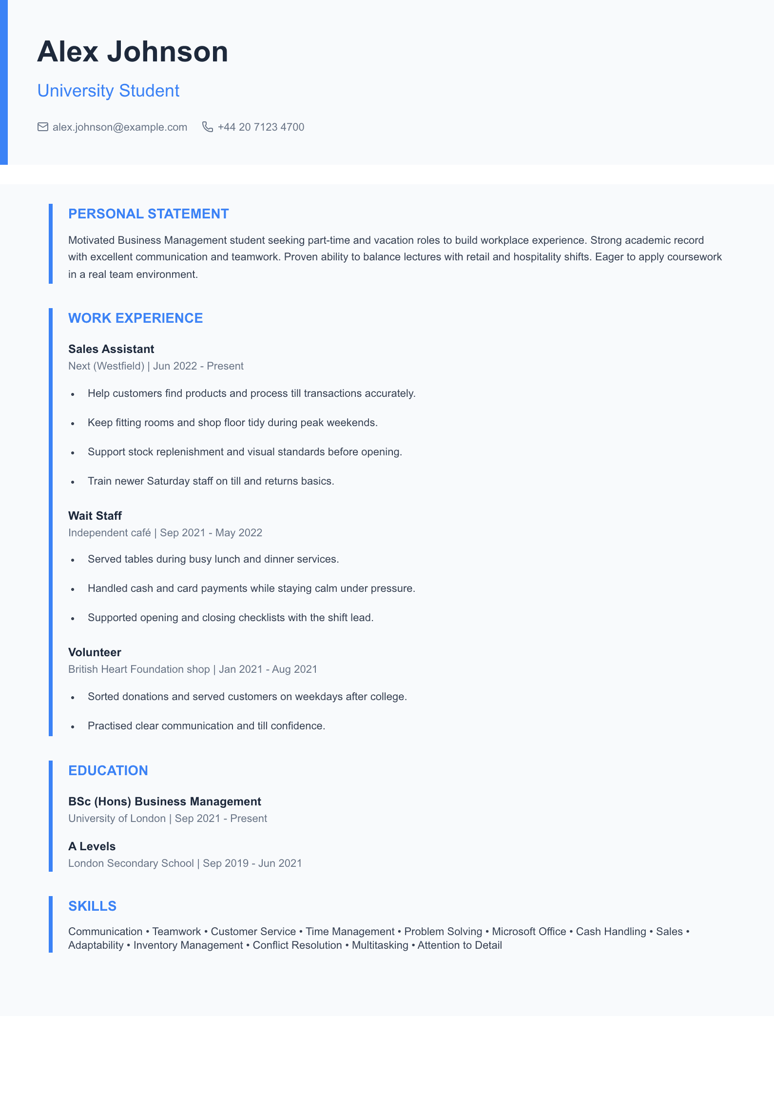 graduate starter student cv template