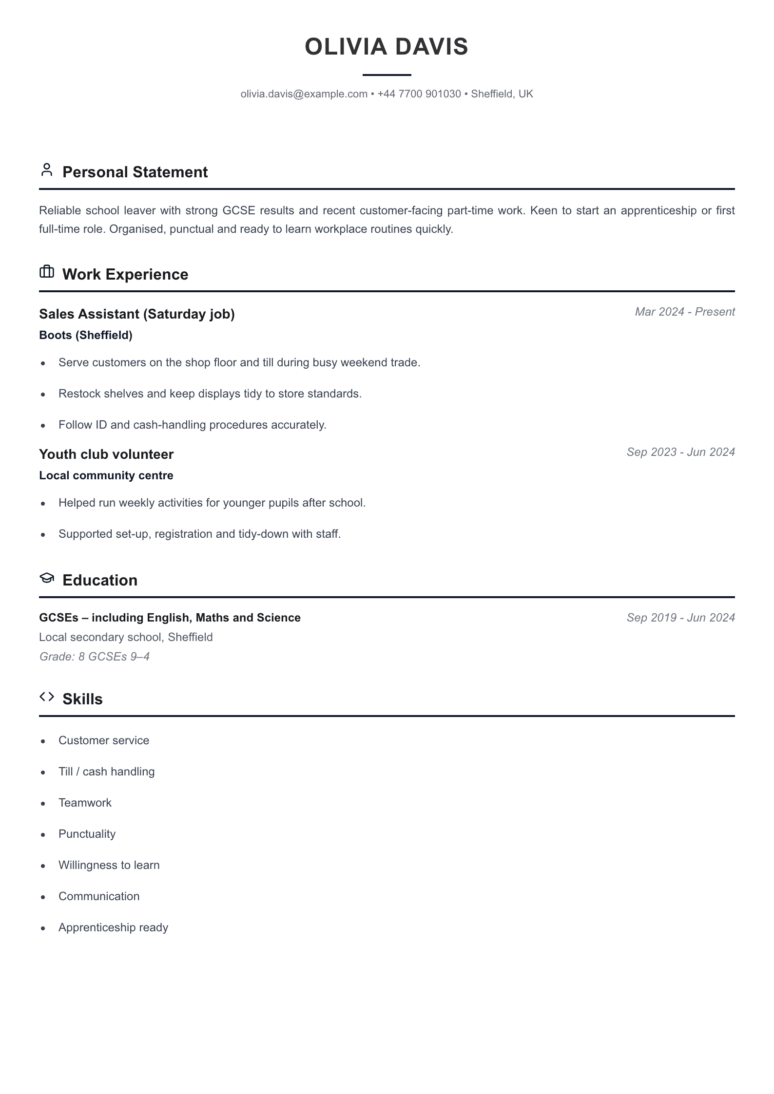 school leaver student cv template preview
