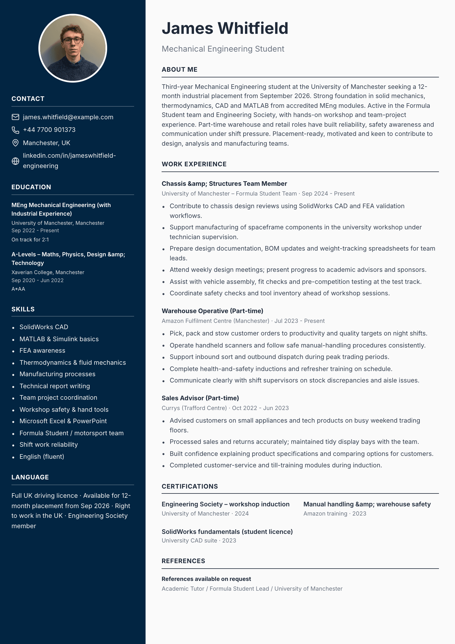 engineering student cv template