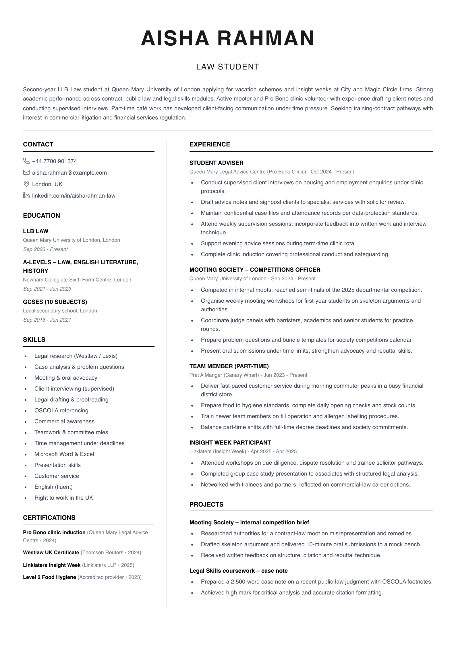 law student cv template