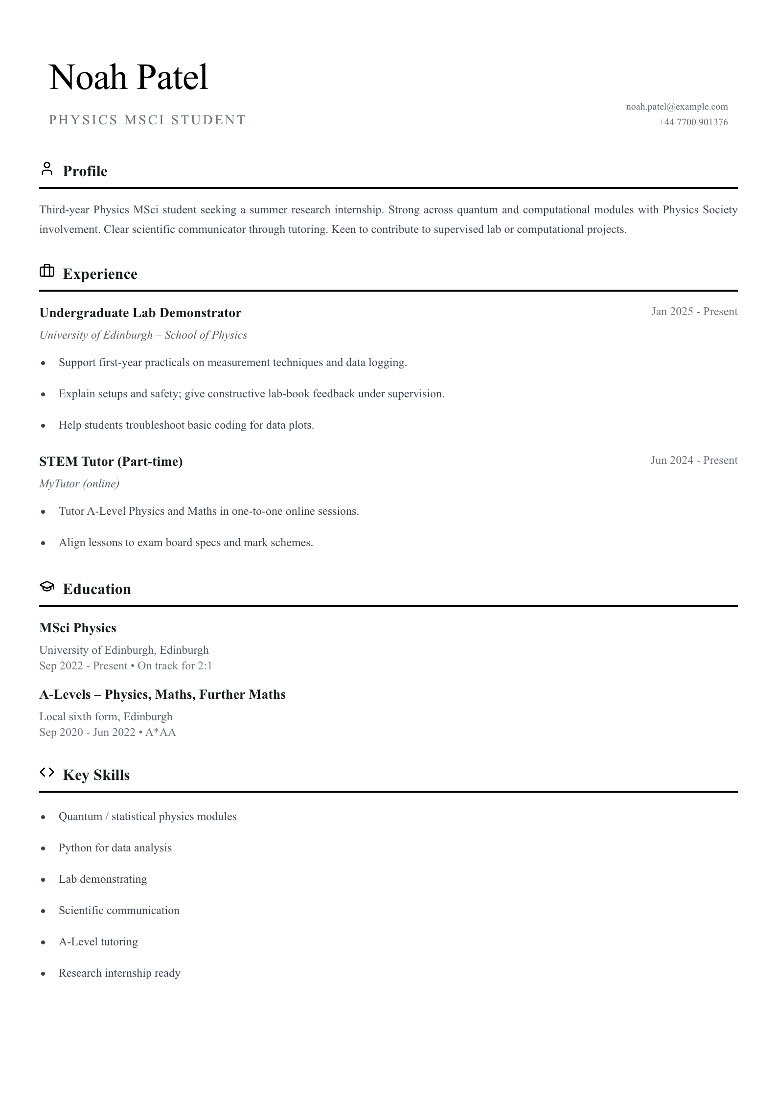 research internship student cv template