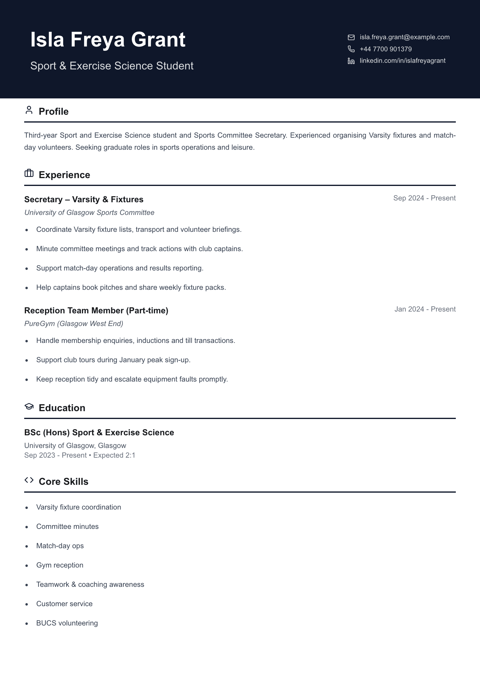 sports committee student cv template