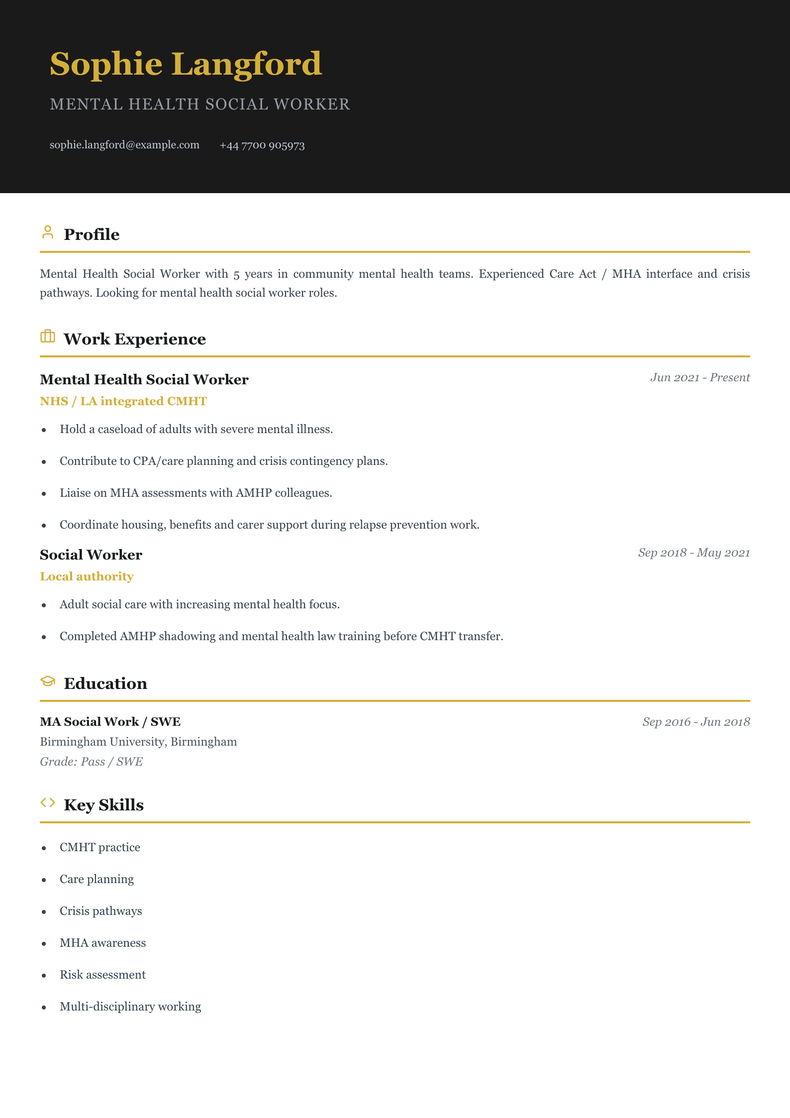 cmht social worker cv template