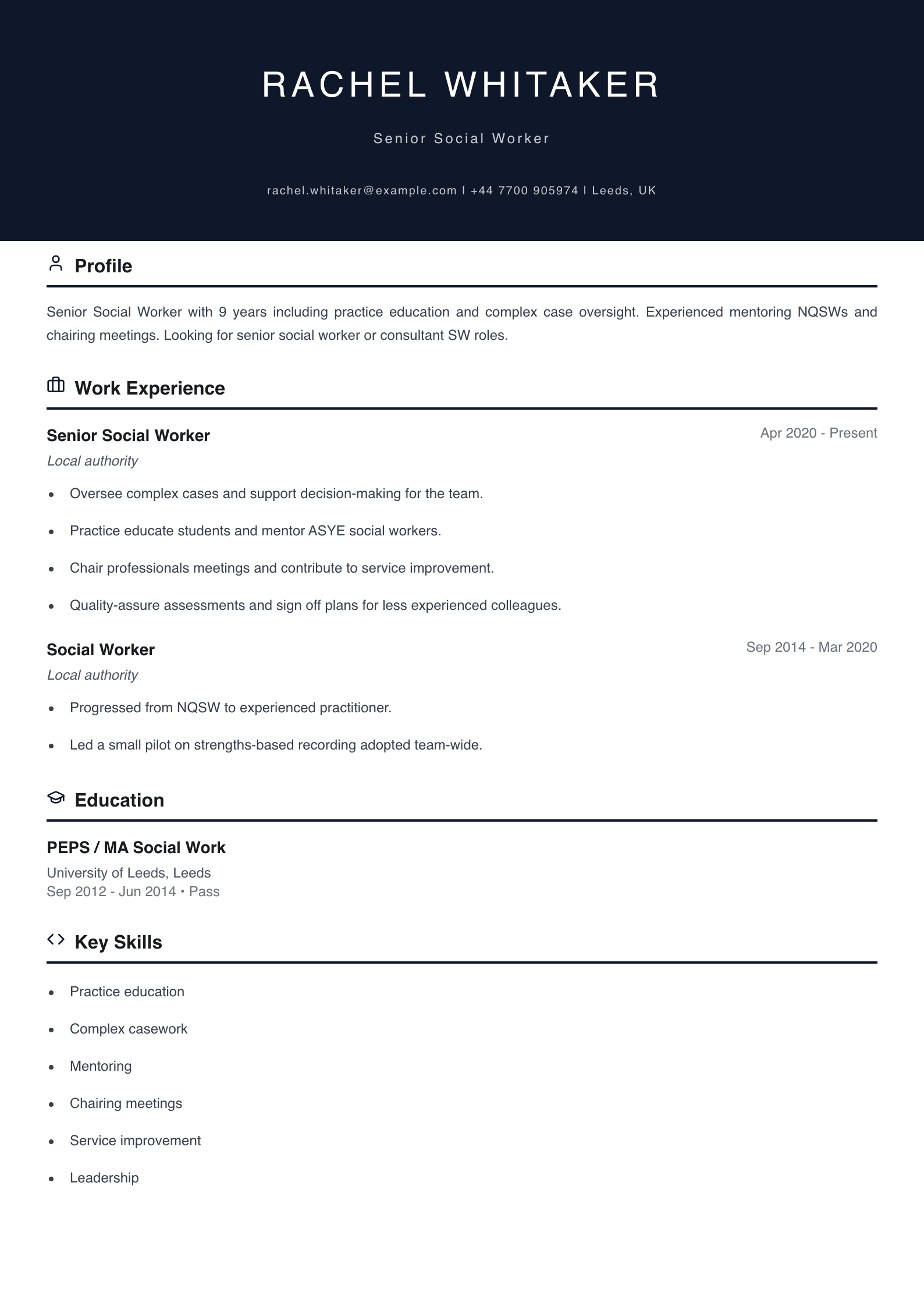 senior practitioner social worker cv template