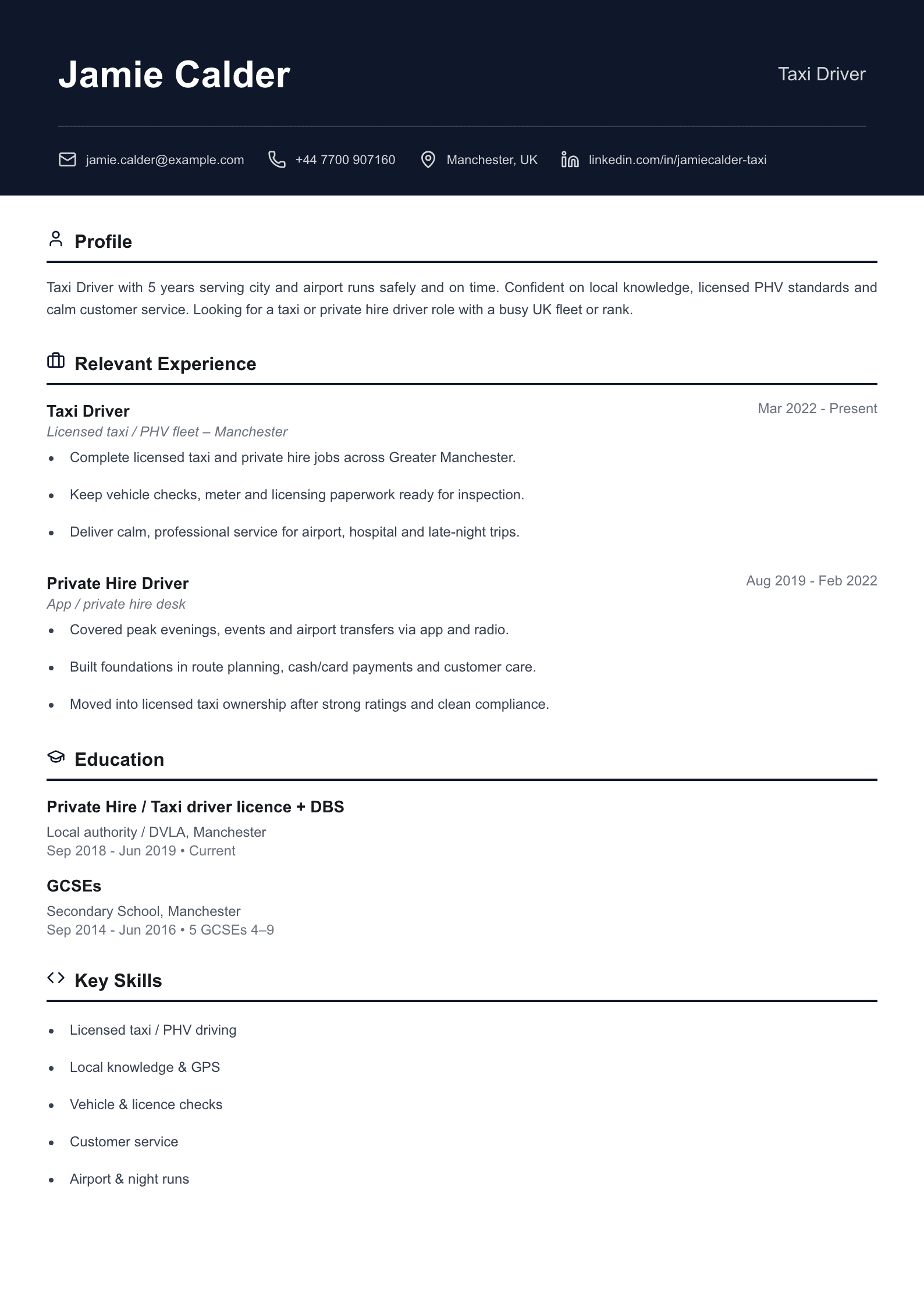 Taxi driver CV template
