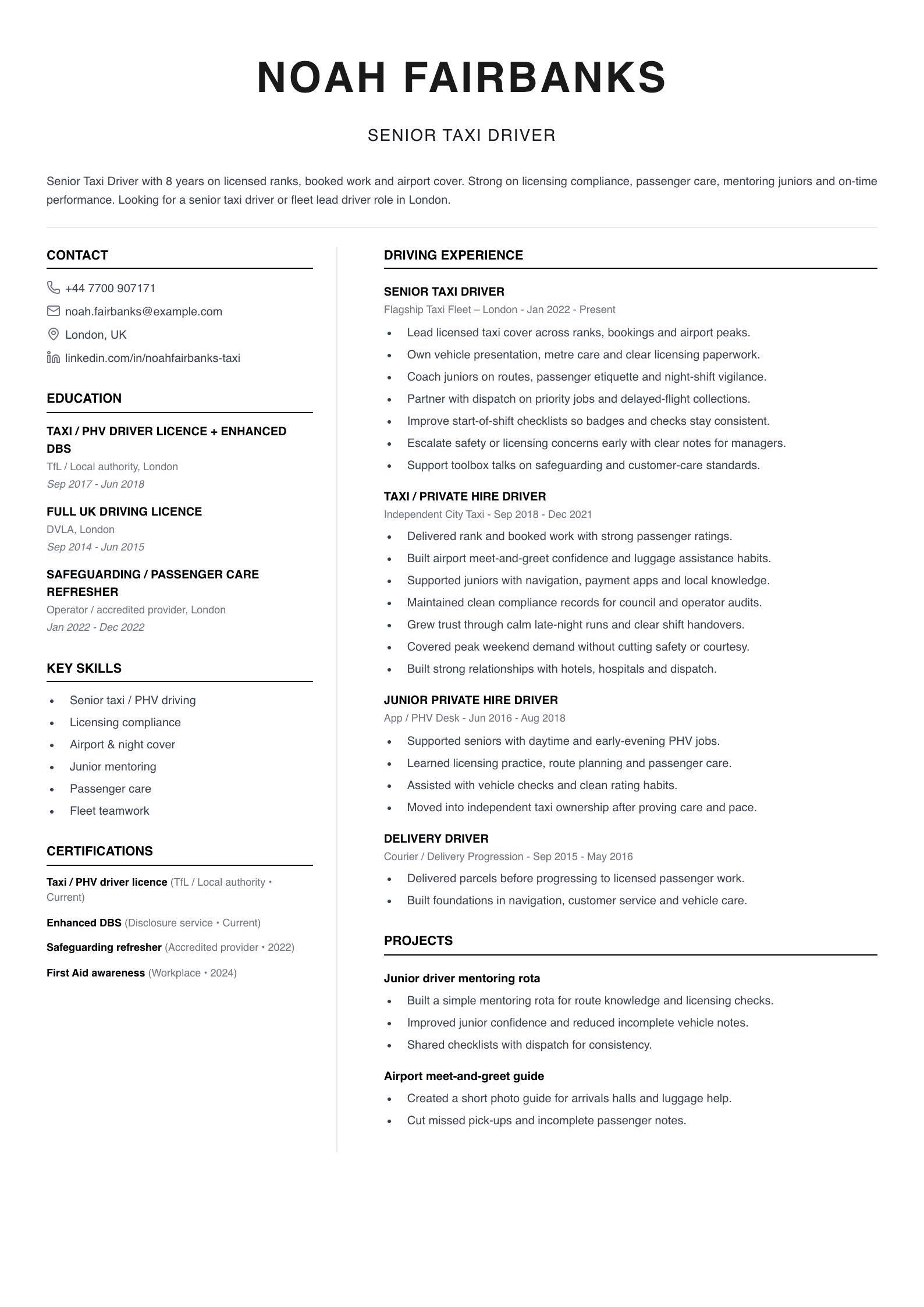 senior taxi driver CV template