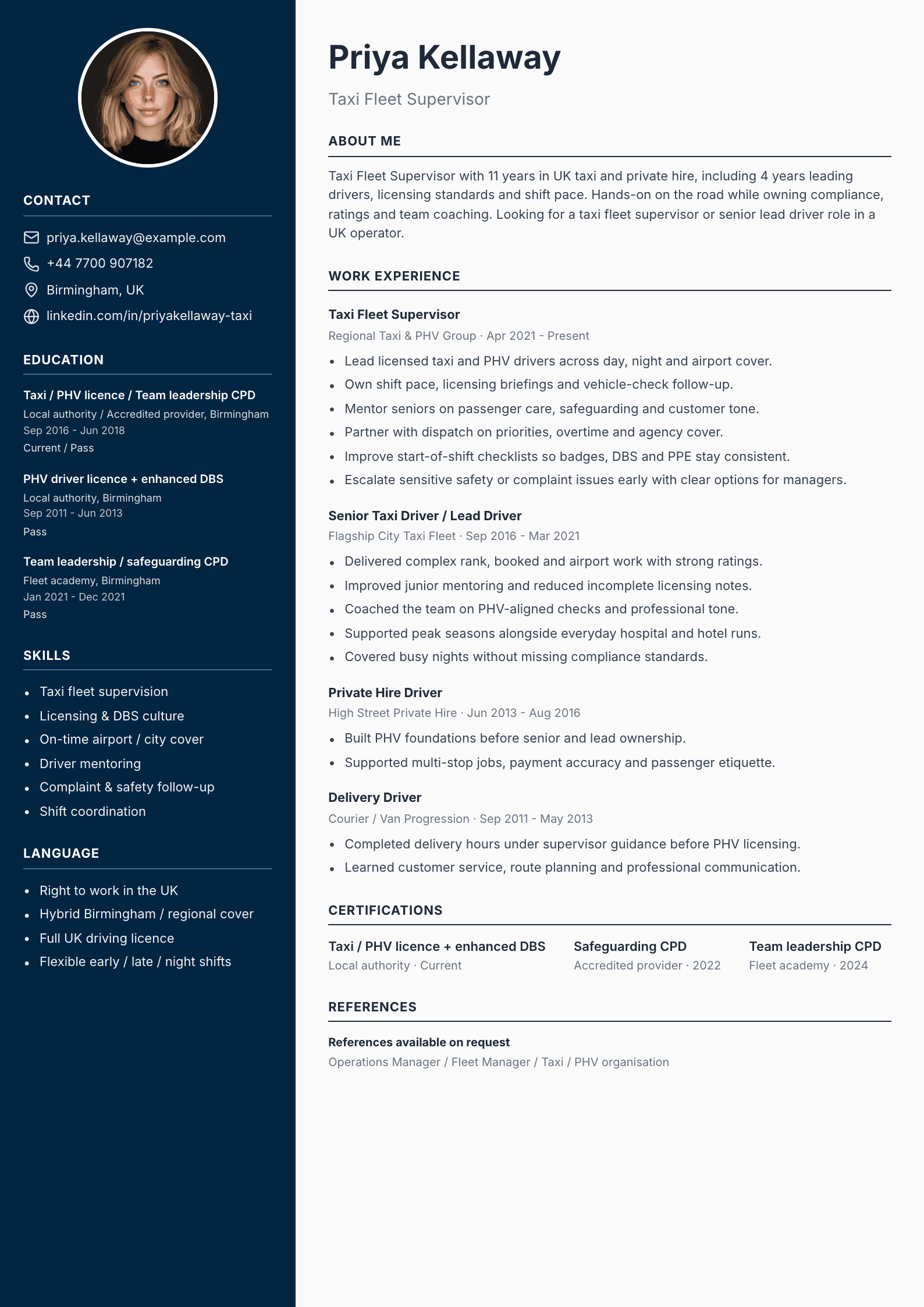Taxi fleet supervisor CV template