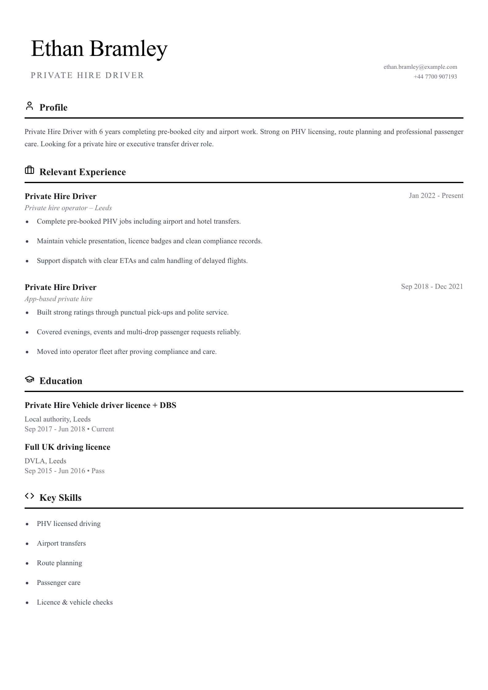 Private hire driver CV template