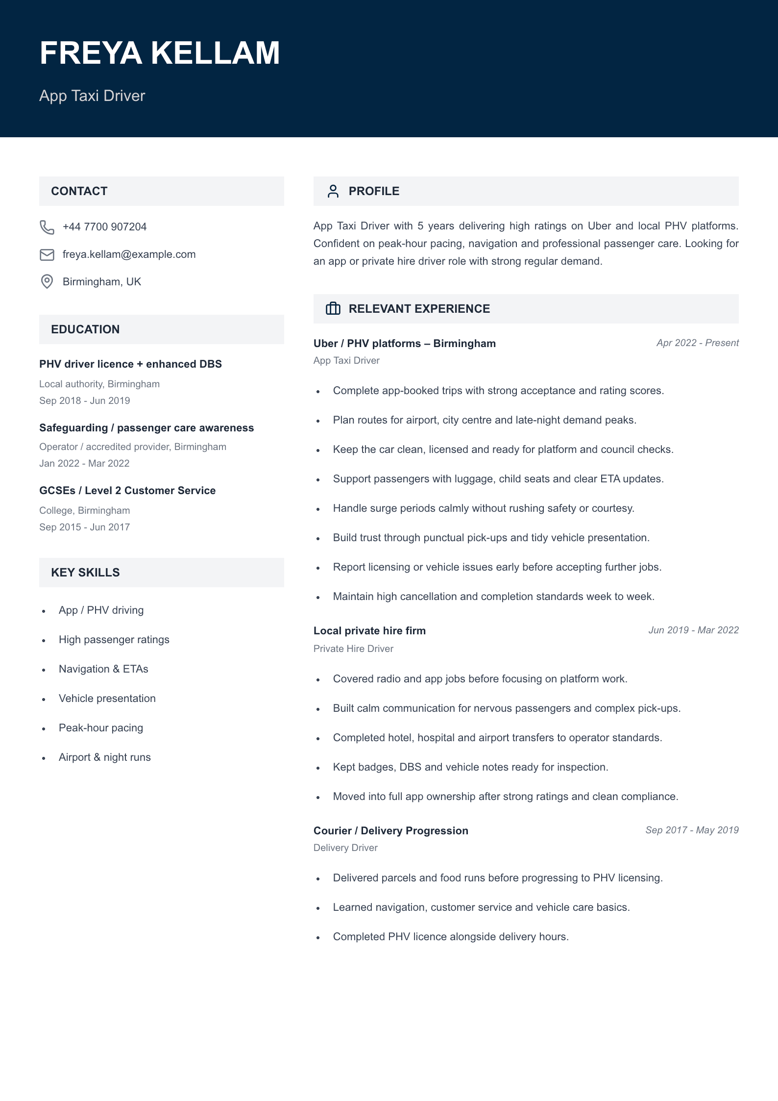 app taxi driver CV template