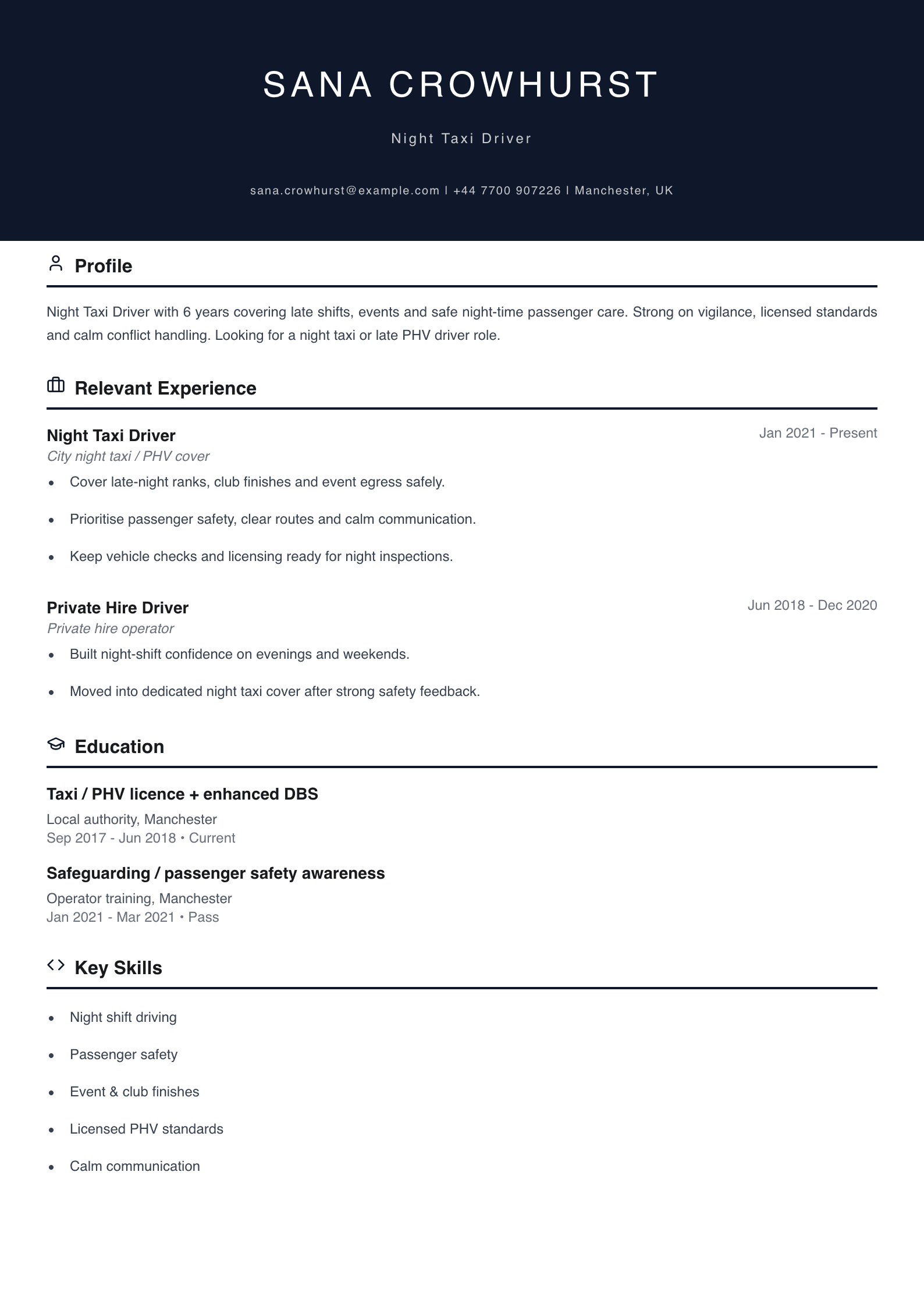 night taxi driver CV template
