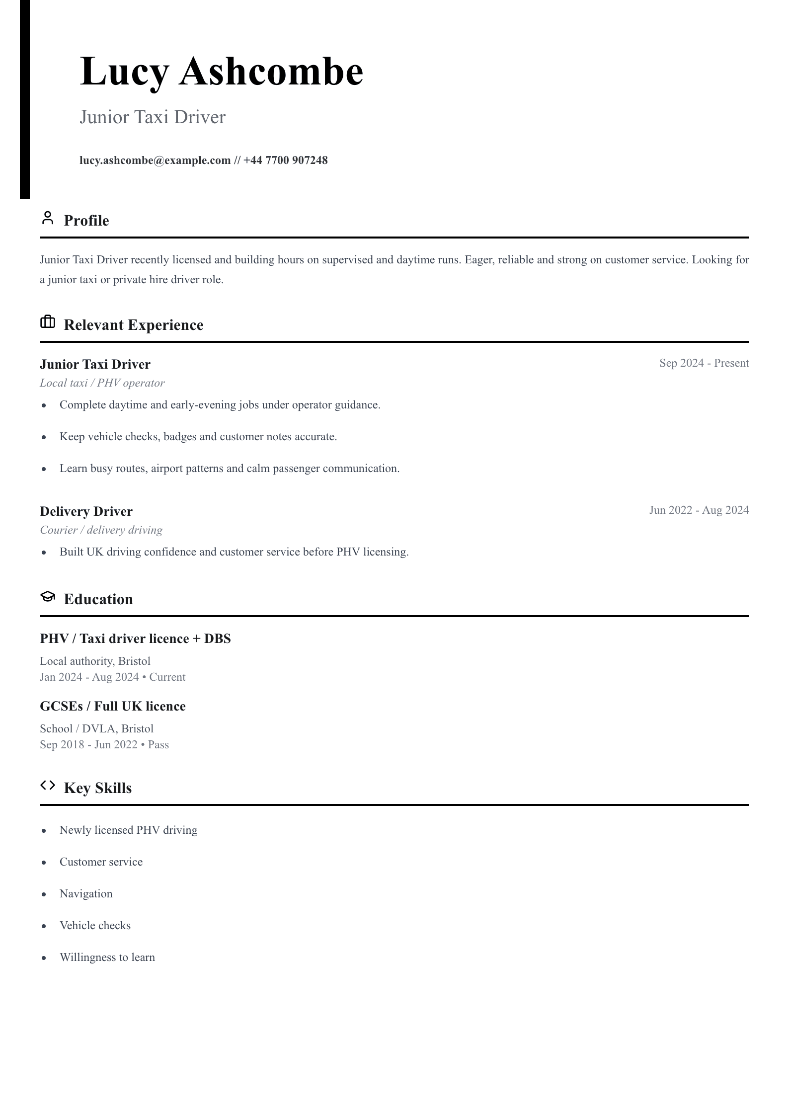 junior taxi driver CV template
