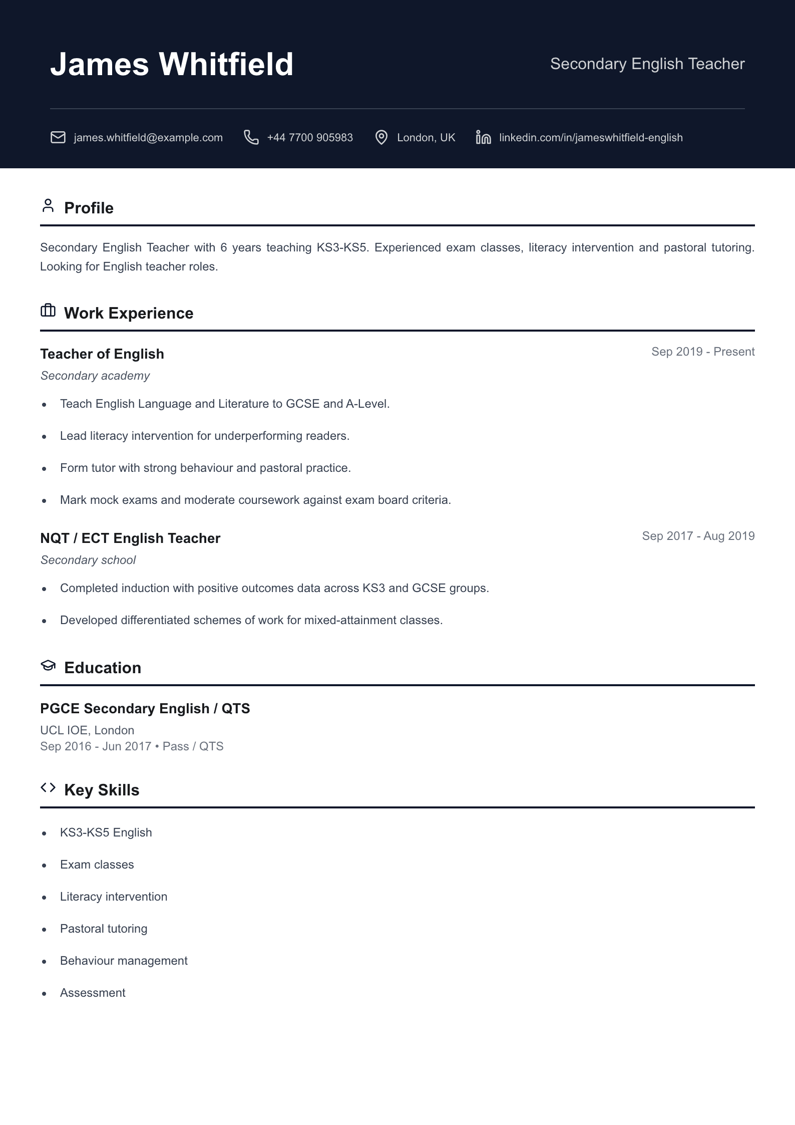 secondary english teacher cv template